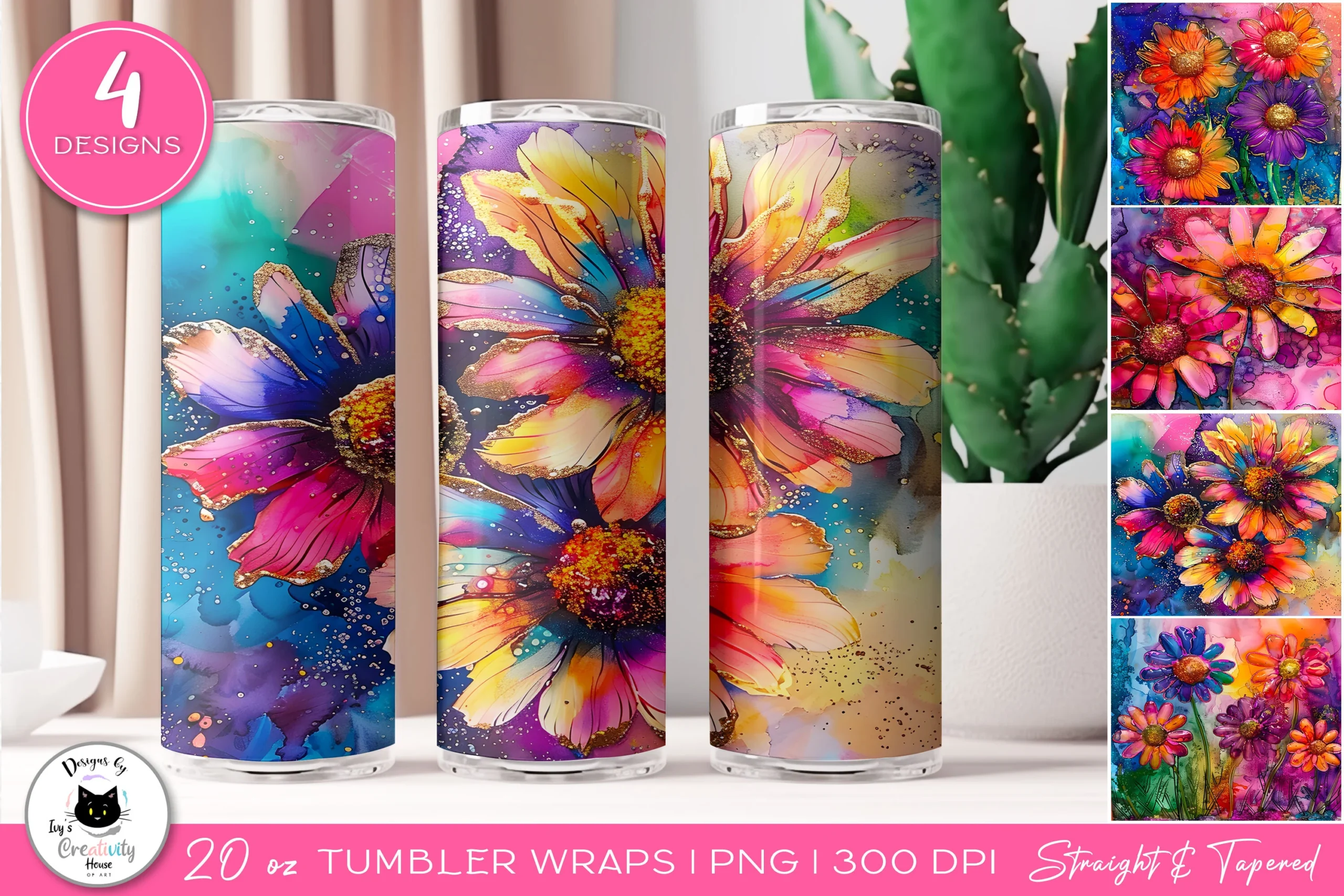 Daisy Floral Tumbler Wraps | Flower PNG preview showing botanical motifs with composition