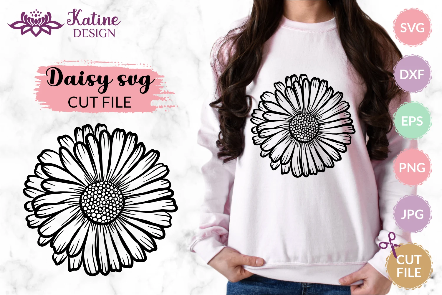Daisy SVG Spring Flower Outline Cut File featuring daisy flower and black and white
