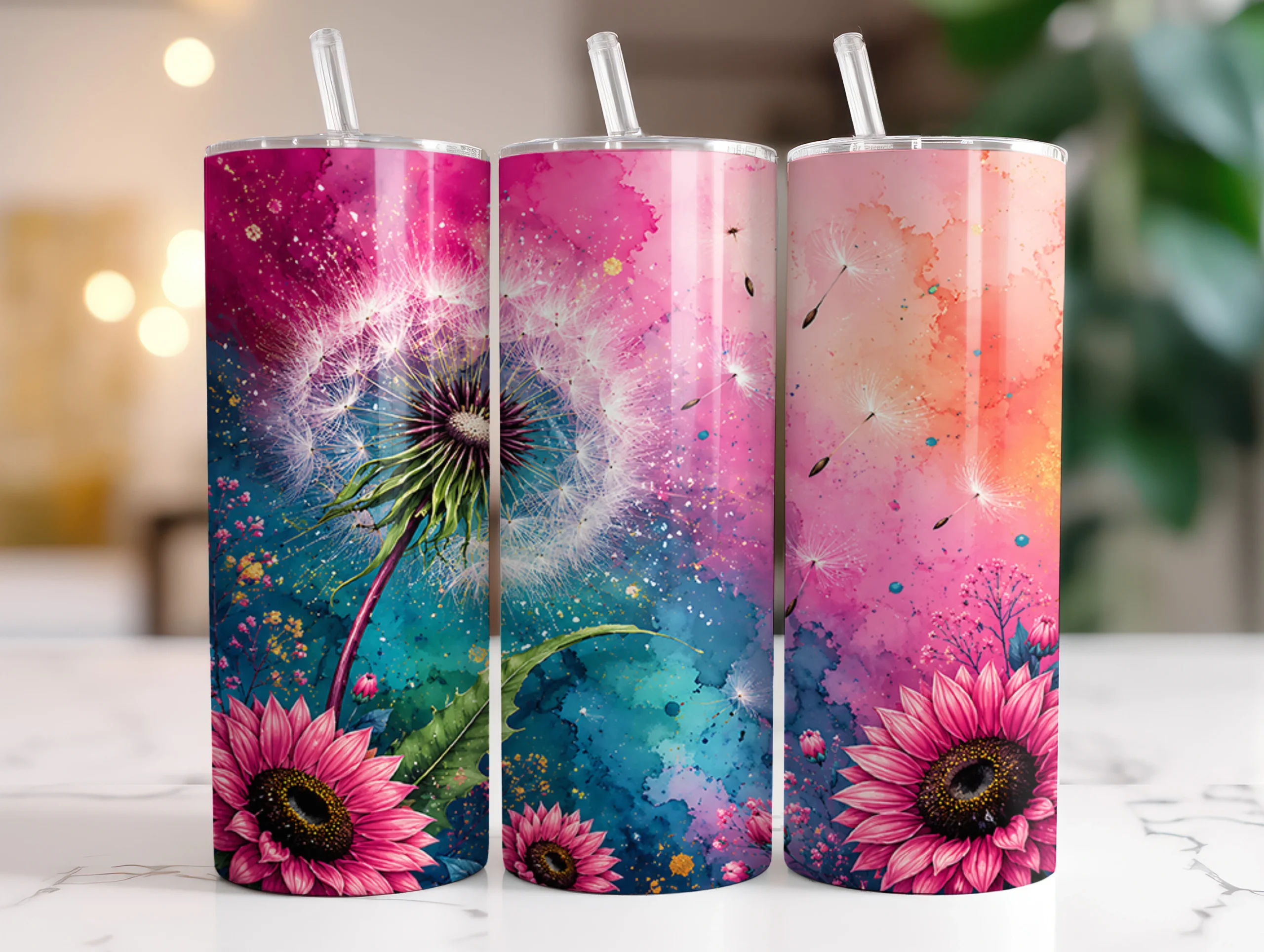 Dandelion Pink Floral 20oz Tumbler Wraps sublimation design preview