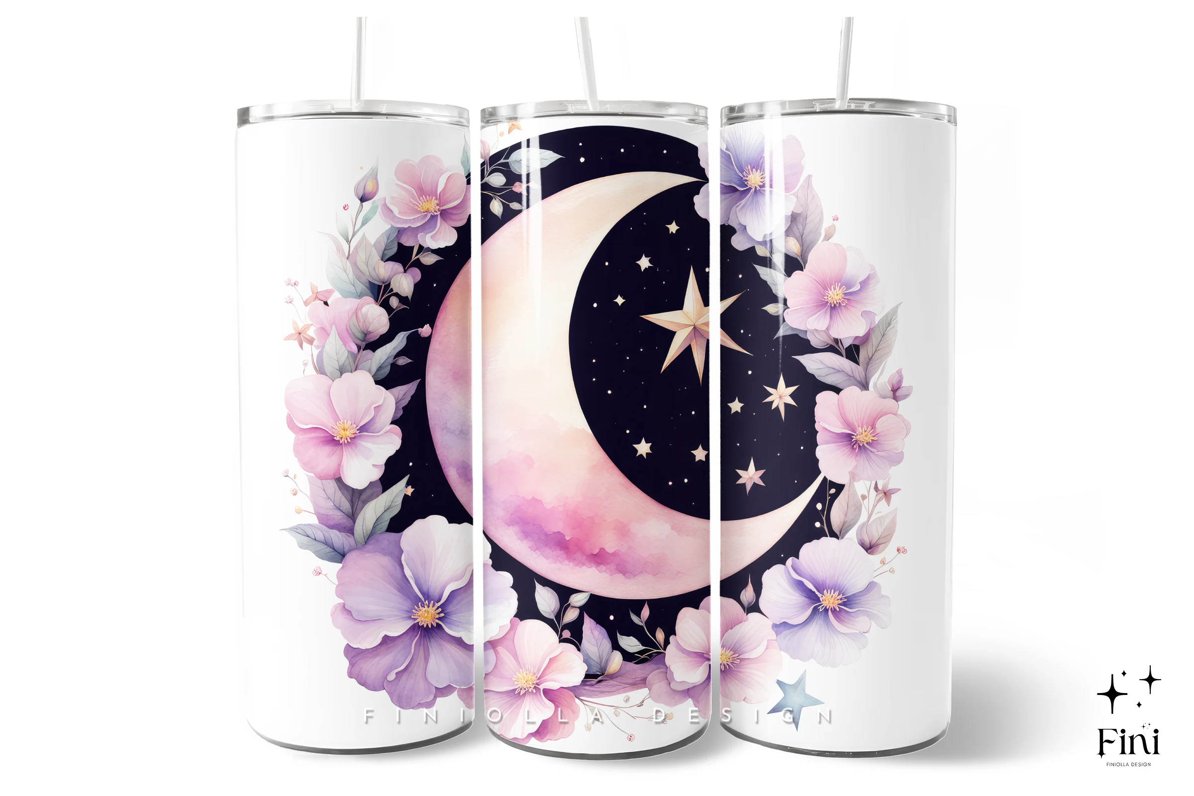 Dark Celestial Moon Flowers Tumbler Wrap preview showing botanical motifs with soft watercolor texture