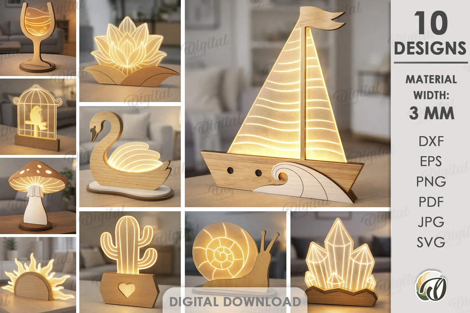 Decorative Acrylic Led Lamps Bundle preview showing laser-cut design with silhouette