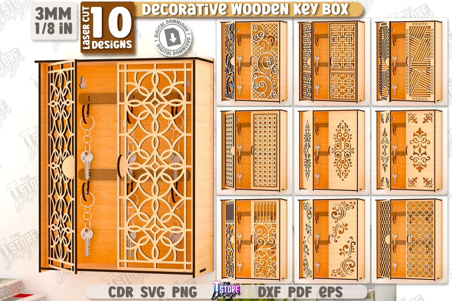 Decorative Wall Key Boxes Laser Cut Set featuring wall-mounted key cabinet and ornamental doors