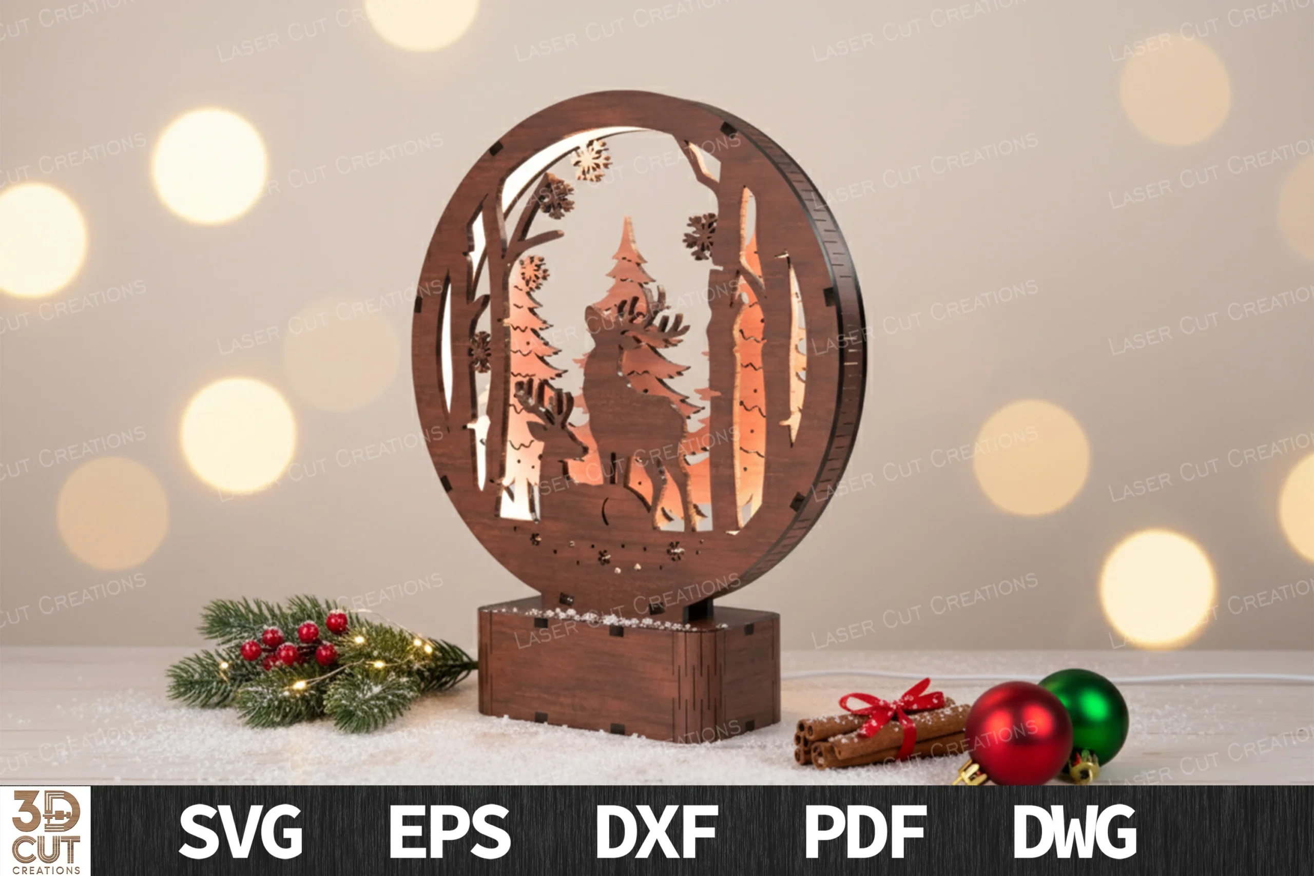 Deer in Forest Christmas Light Box preview showing Christmas motifs with layered depth