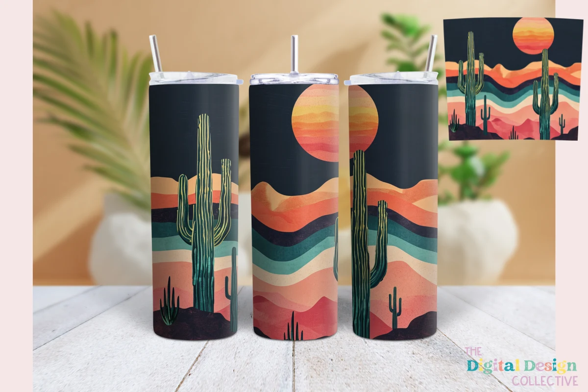 Desert Cactus Neon Western Tumbler Wrap preview showing sublimation design with composition