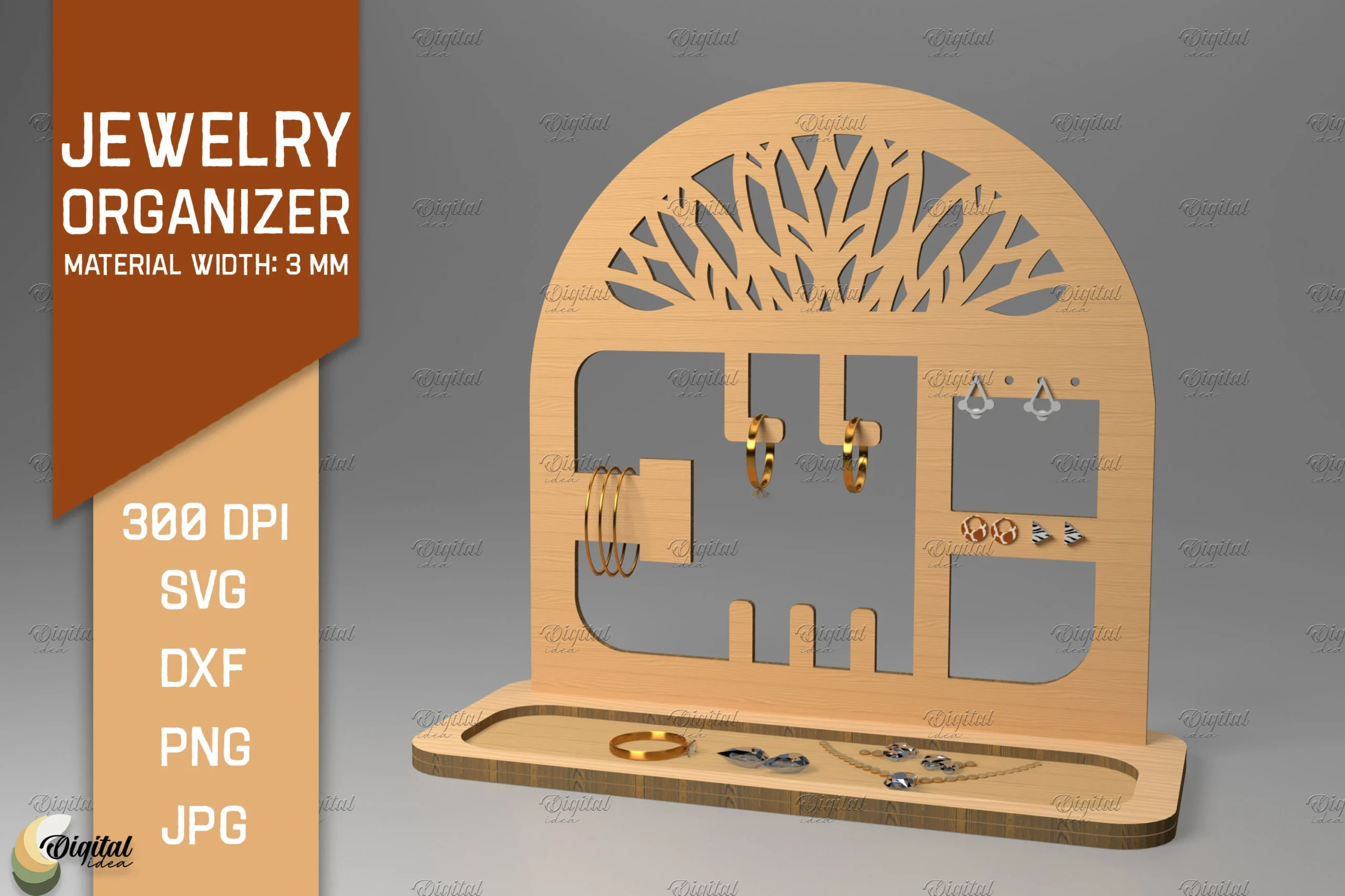 Display Laser Cut. Jewelry Organizer preview showing laser-cut design with silhouette
