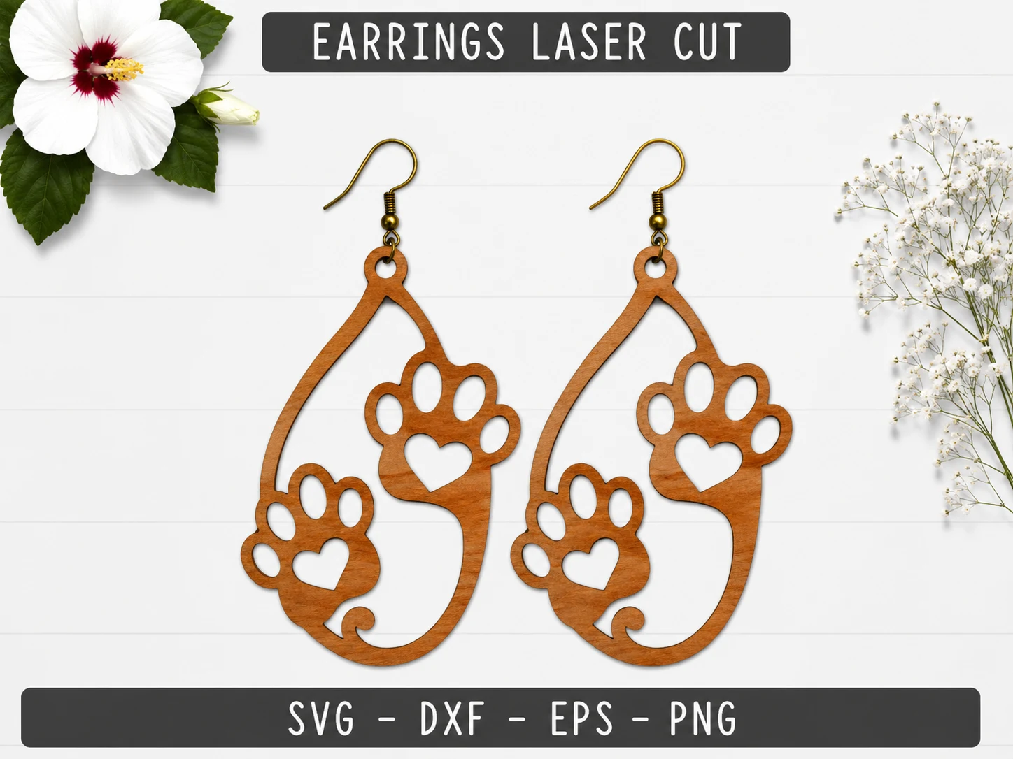 Dog Paw Laser Cut Earrings SVG File featuring earrings and paw prints