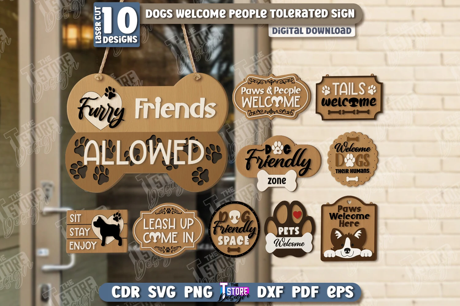 Dogs Welcome People Tolerated Signs Set featuring dog bone and dog paw print