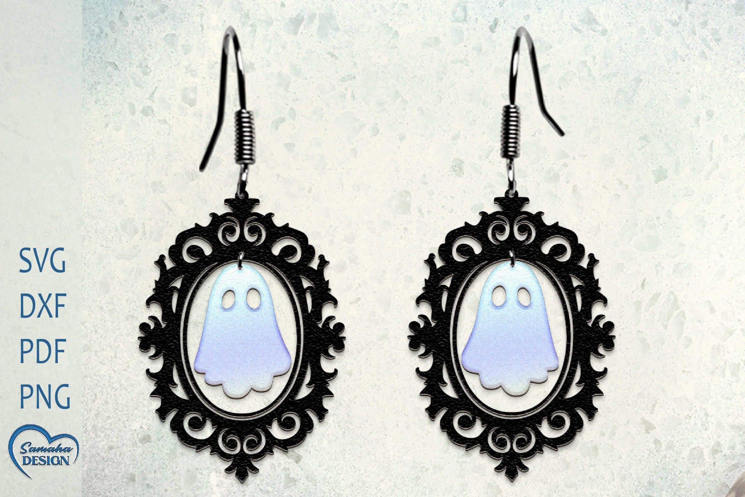 Earrings Laser Cut. Earrings SVG. preview showing ghosts with friendly character styling