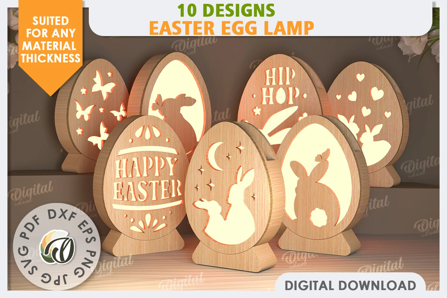 Easter Egg Lamps Laser Cut Bundle preview showing laser-cut design with silhouette
