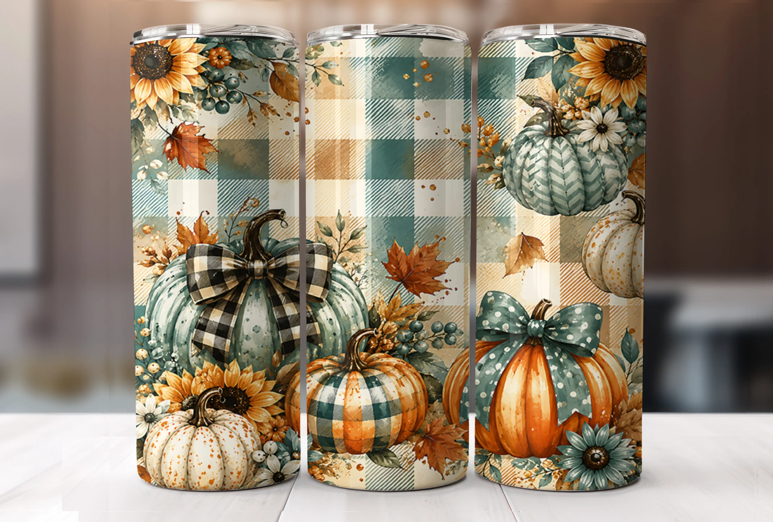 Fall Plaid Pumpkins 20oz Tumbler Wraps featuring pumpkins and sunflowers