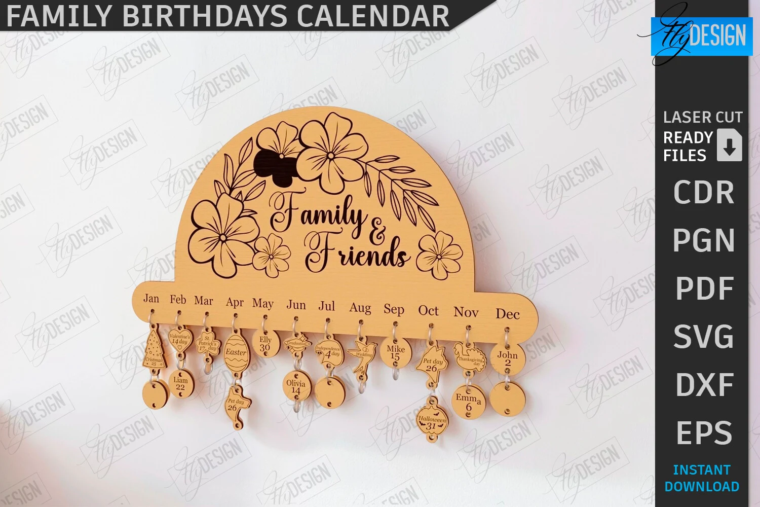 Family Birthdays Calendar Laser Cut |CNC preview showing laser-cut design with silhouette