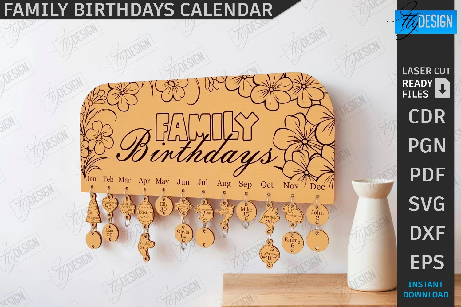 Family Birthdays Calendar Laser Cut |CNC featuring family birthday calendar plaque and floral motif
