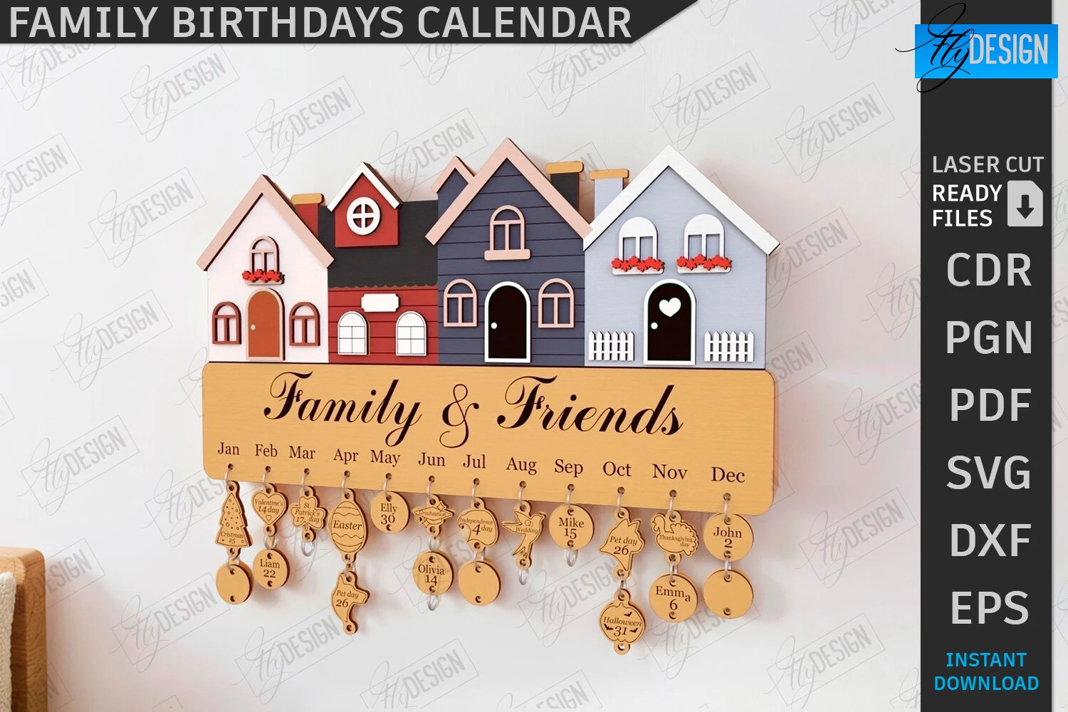 Family Birthdays Wall Calendar Laser Cut featuring wooden houses and birthday calendar board