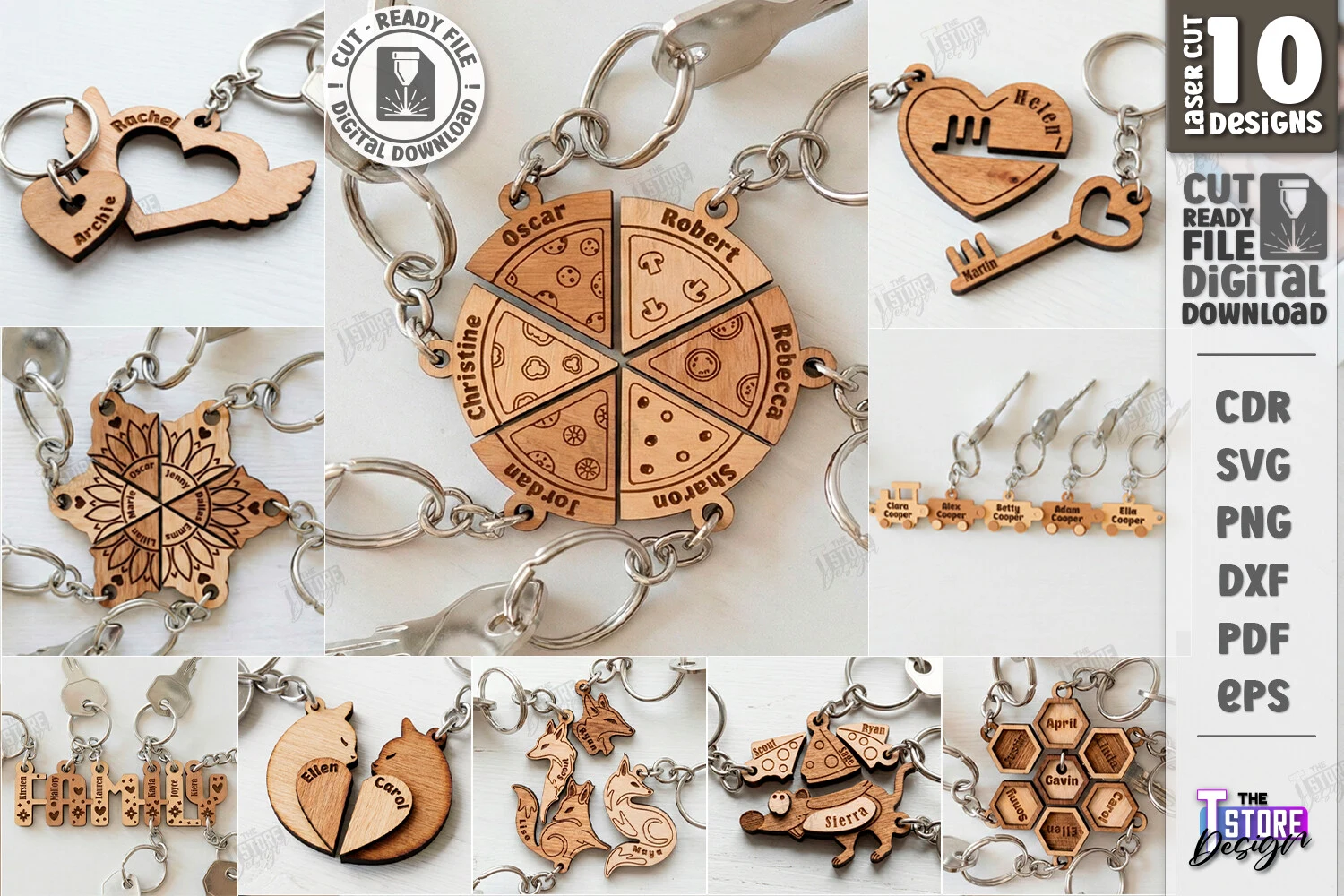 Family Keychains Laser Cut Bundle featuring heart with wings and pizza slice keychains