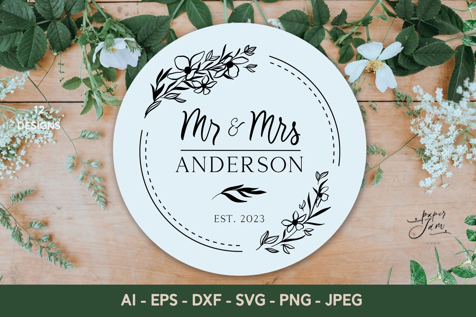 Family Monogram Svg Wedding Monogram SVG featuring floral frame and botanical stems