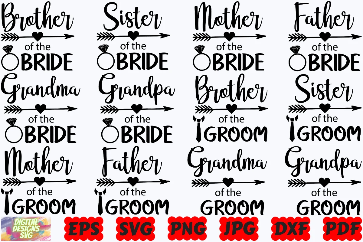 Family of the Bride SVG | Bride SVG |PNG featuring wedding family titles and engagement ring icons