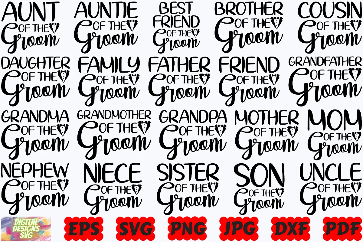 Family of the Groom SVG | Groom Family featuring tuxedo bowtie and monochrome