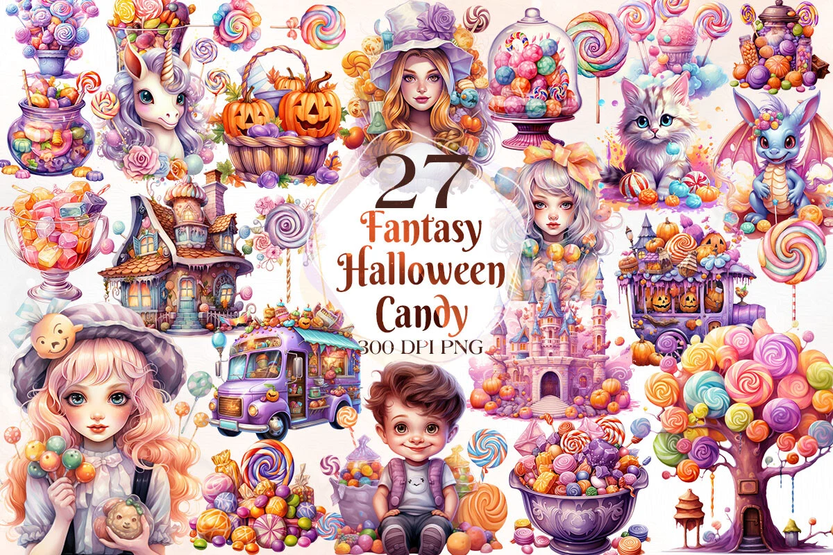 Fantasy Halloween Candy Clipart Bundle featuring candy and pumpkins
