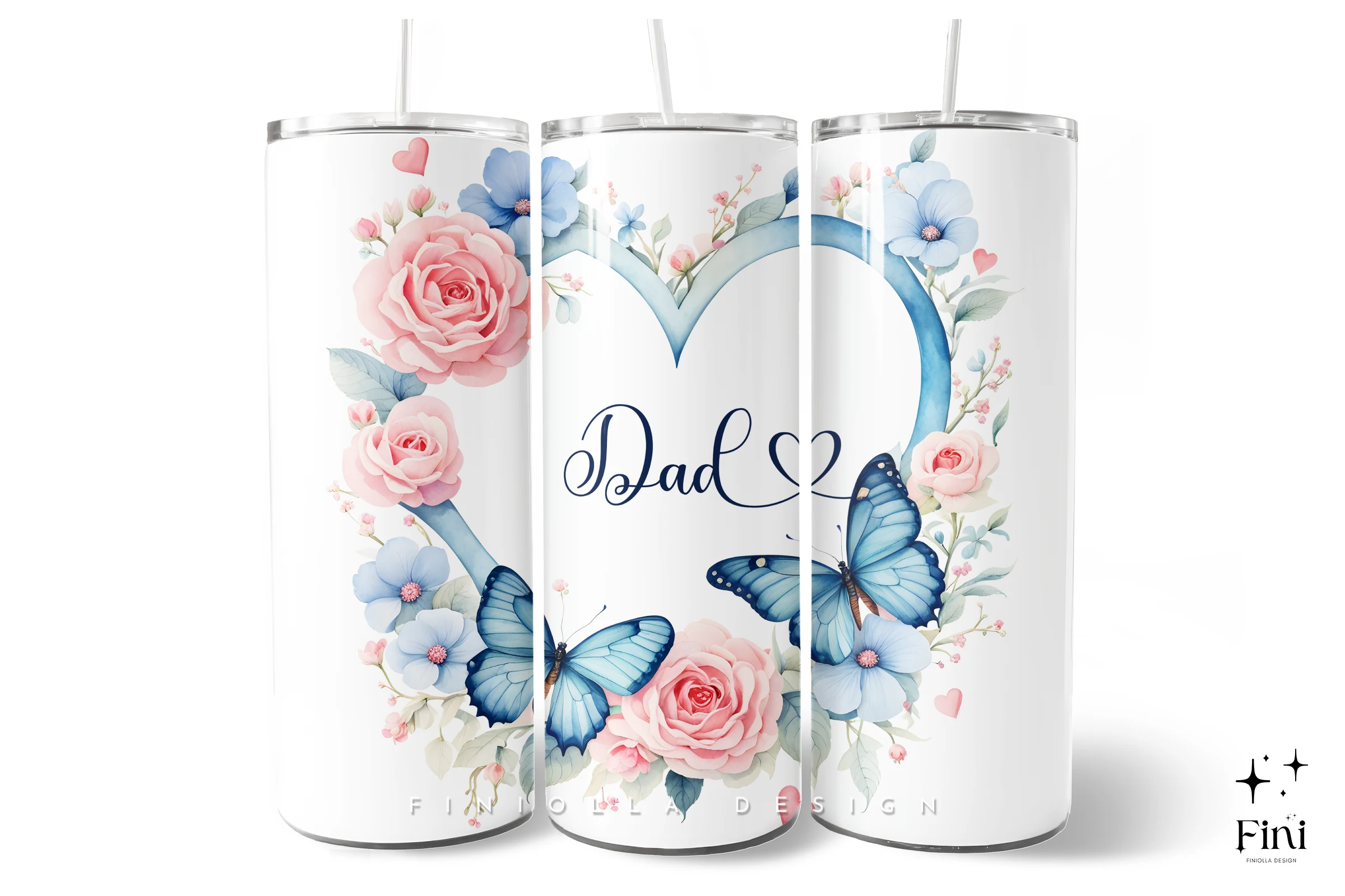Fathers Day Tumbler Wrap Dad PNG featuring roses and blue butterflies