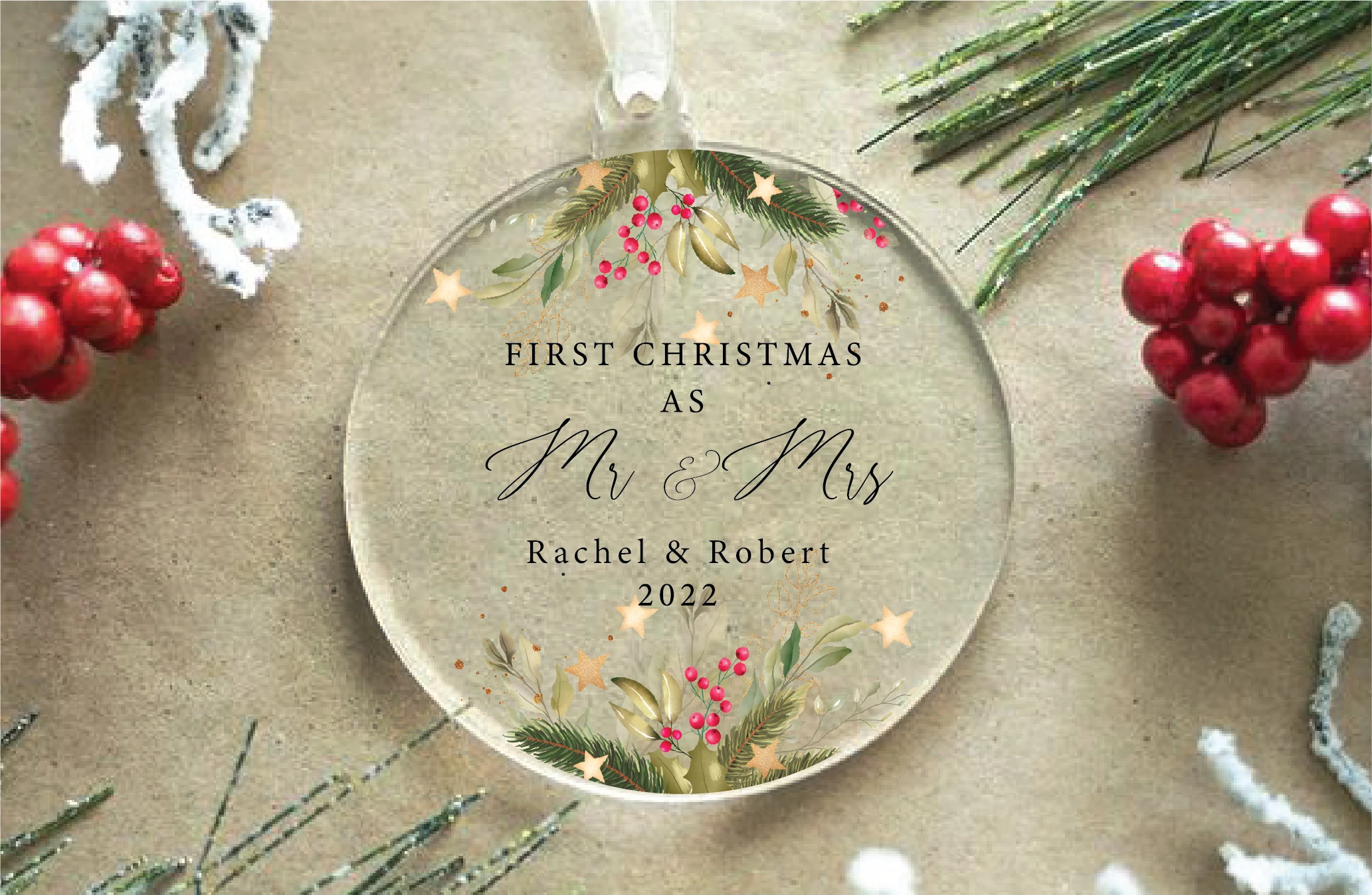 First Christmas As Mr. and Mrs. Svg featuring pine branches and holly berries