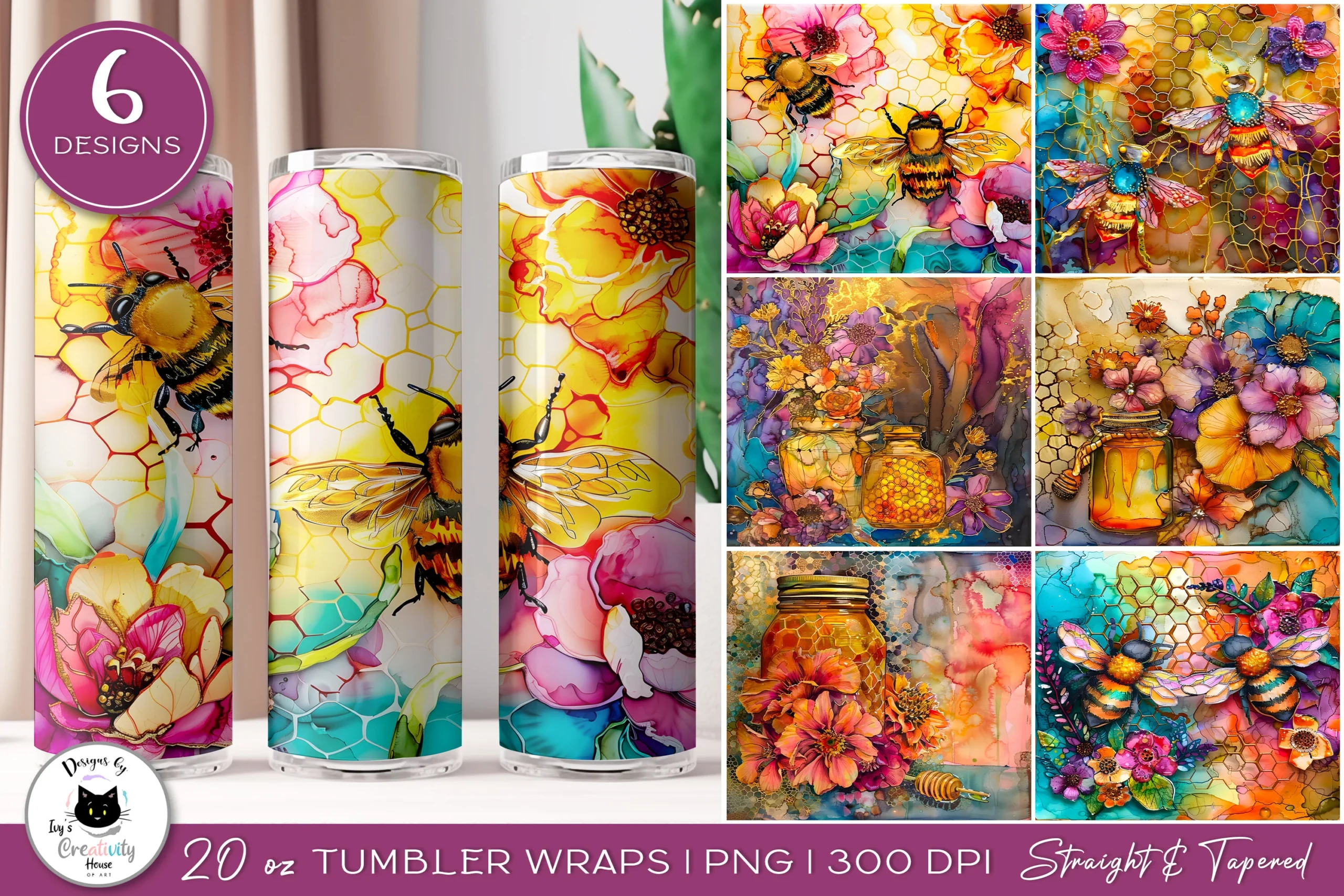 Floral Bees Tumbler Wraps | Bee Designs preview showing botanical motifs with composition