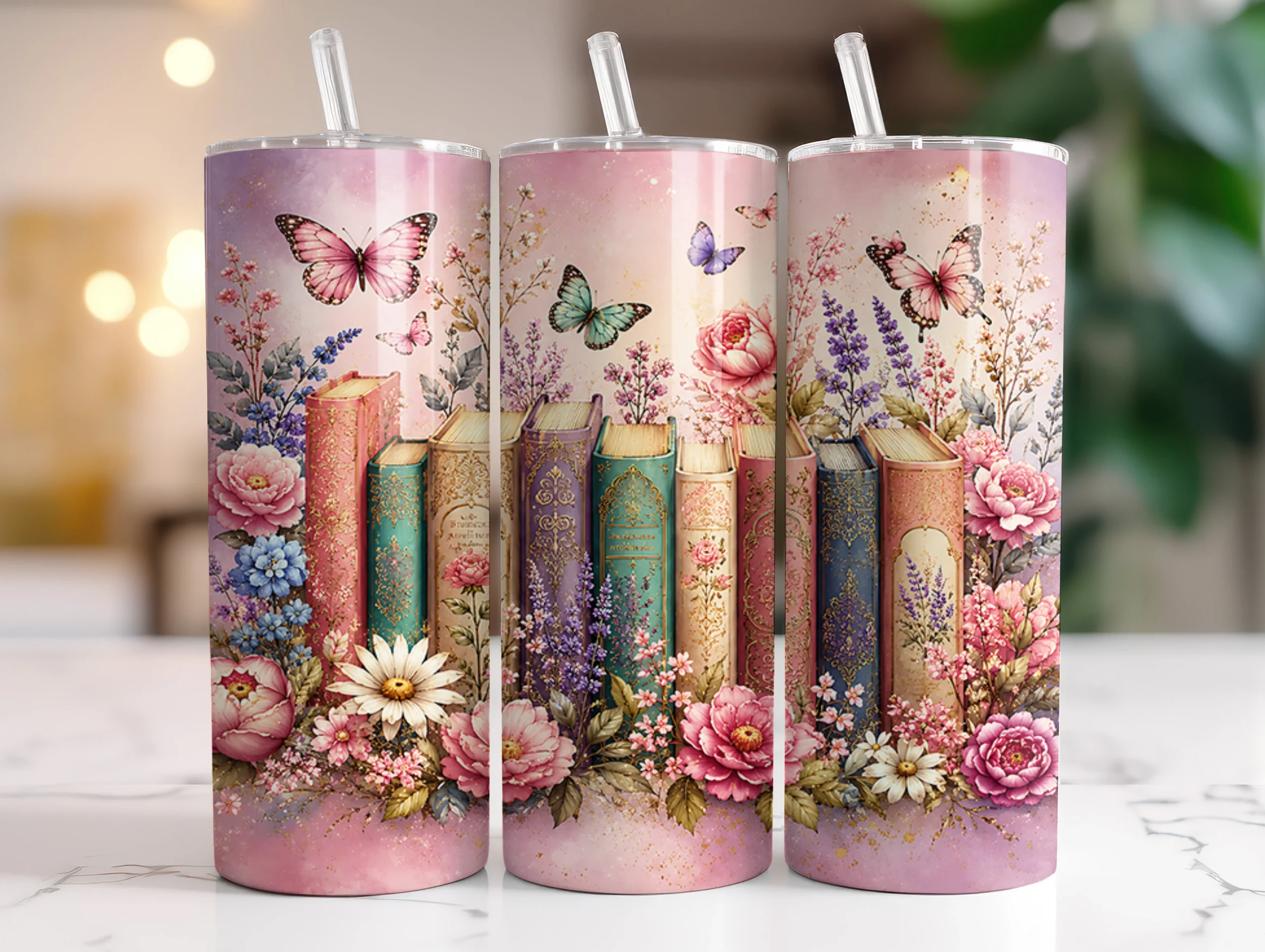Floral Book Lover 20oz Tumbler Wraps PNG featuring books and butterflies