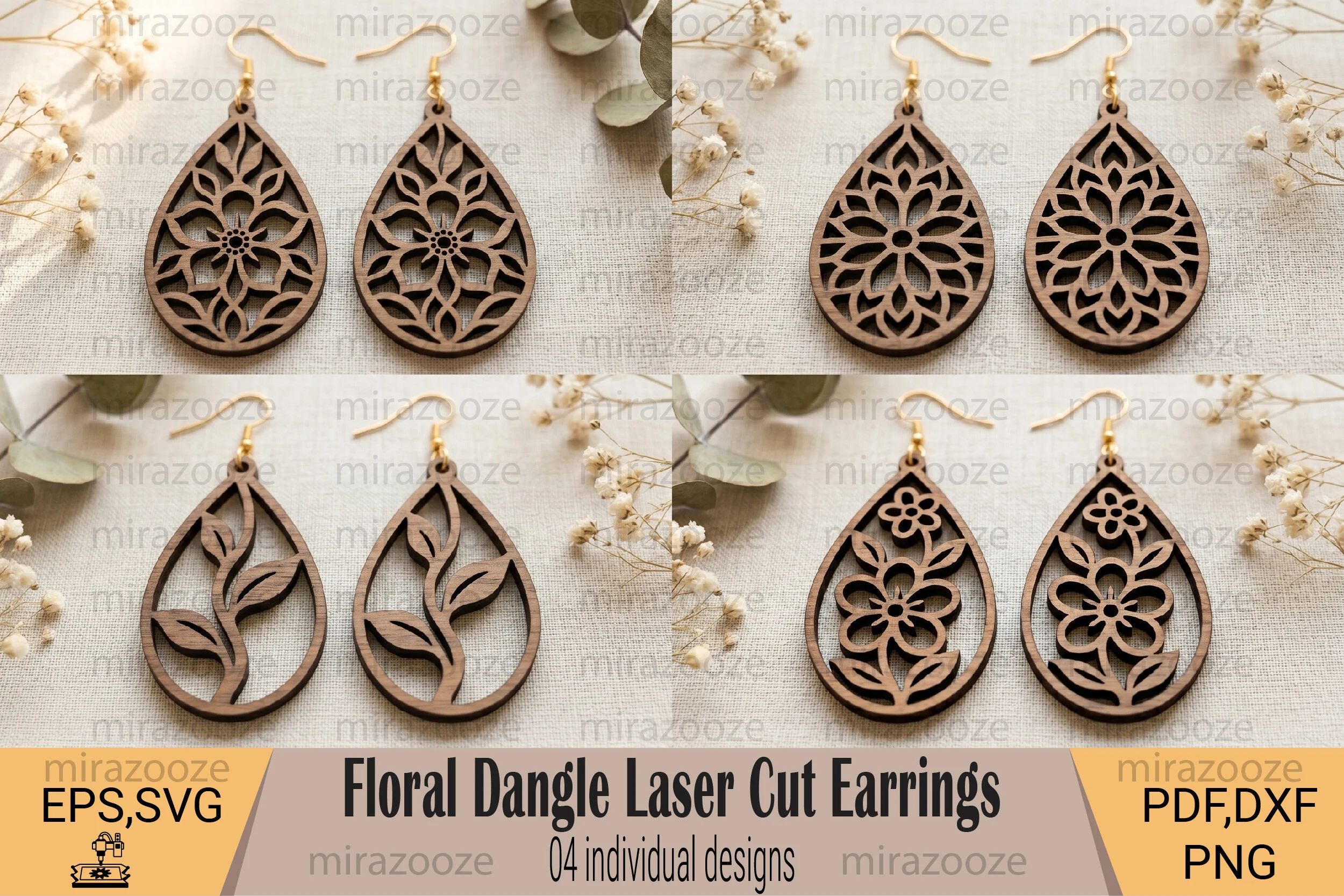 Floral Dangle Laser Cut Earrings features four pairs of decorative teardrop-shaped earring designs with floral, leaf, and geometric cut-out patterns.
