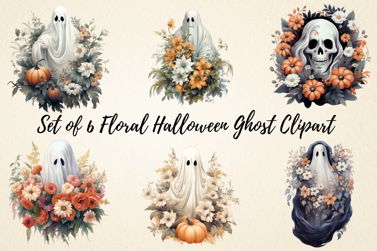 Set of 6 Floral Halloween Ghost Clipart featuring six separate illustrations of ghosts and a skull integrated with floral bouquets and pumpkins in an autumn-inspired color palette.