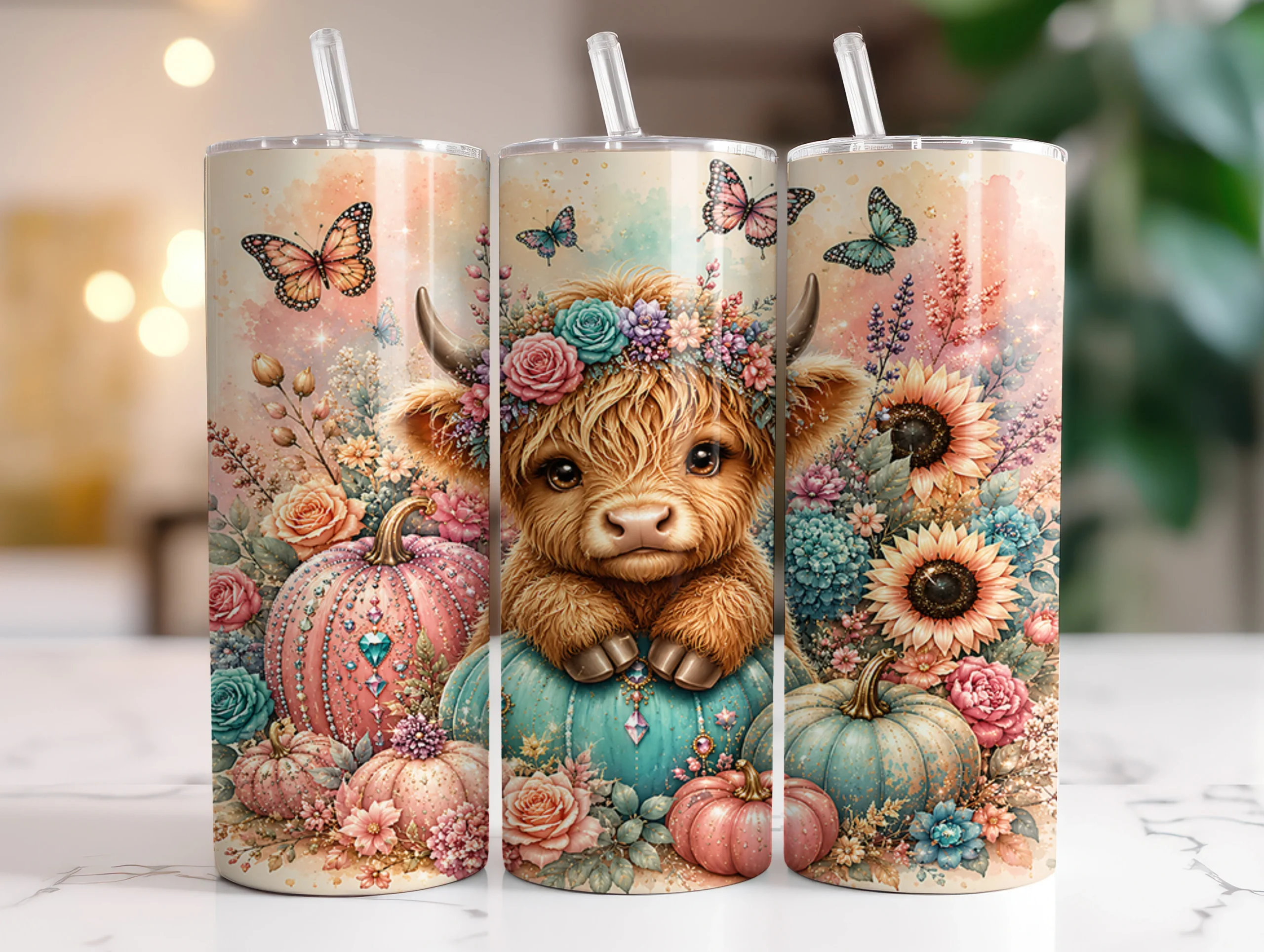 Floral Highland Cow Fall Tumbler Wrap featuring highland cow and pumpkins