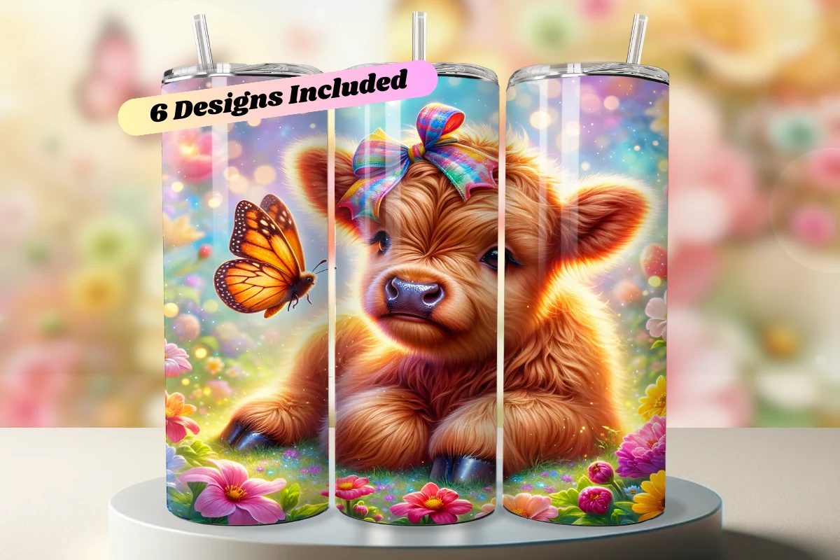Floral Highland Cow Tumbler Wrap Bundle featuring Highland cow calf and Monarch butterfly