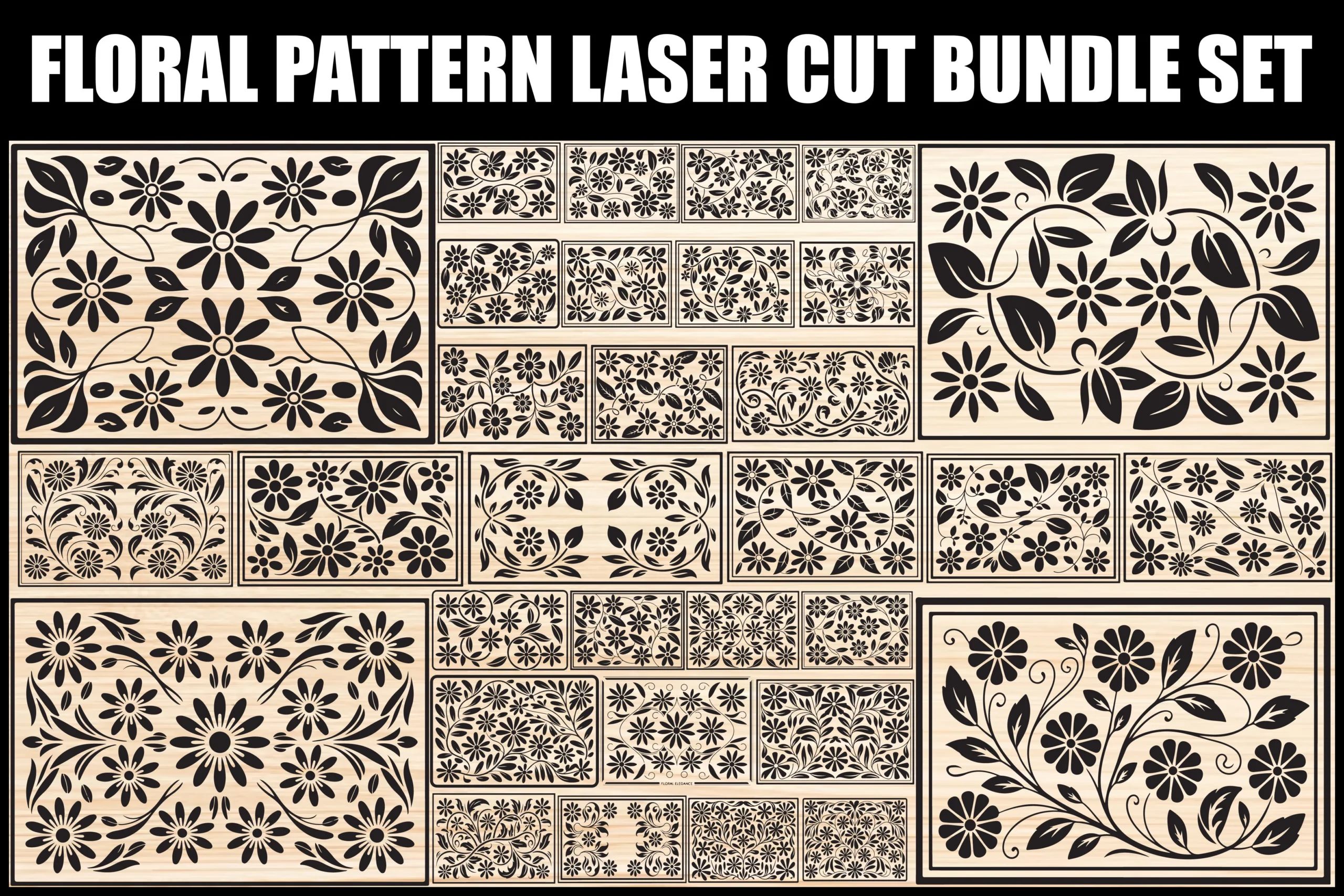 Floral Pattern Laser Cut Bundle Set consisting of multiple rectangular panels featuring intricate floral and vine silhouettes designed for laser cutting.