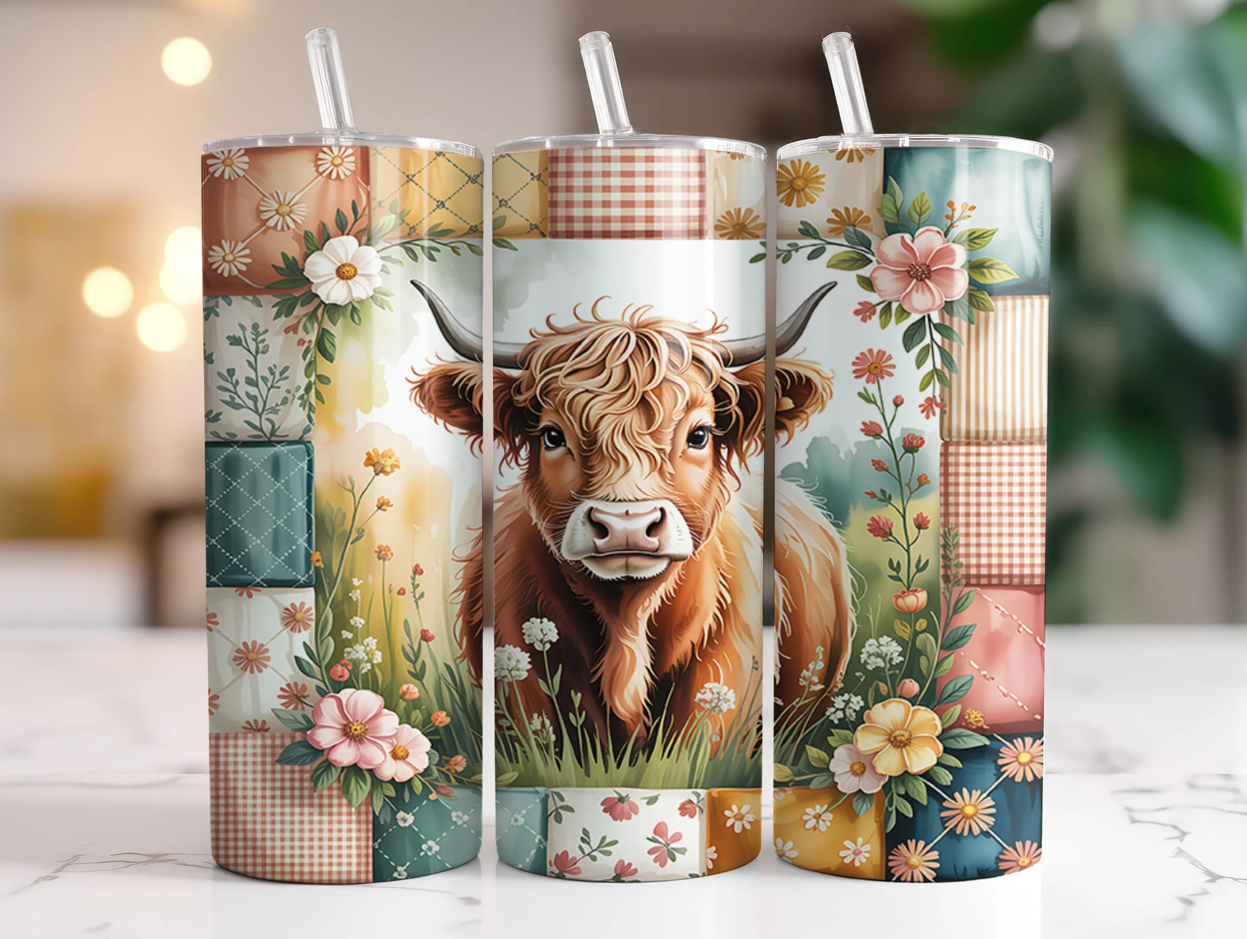 Floral Western Highland Cow Tumbler Wrap featuring Highland cow and wildflowers
