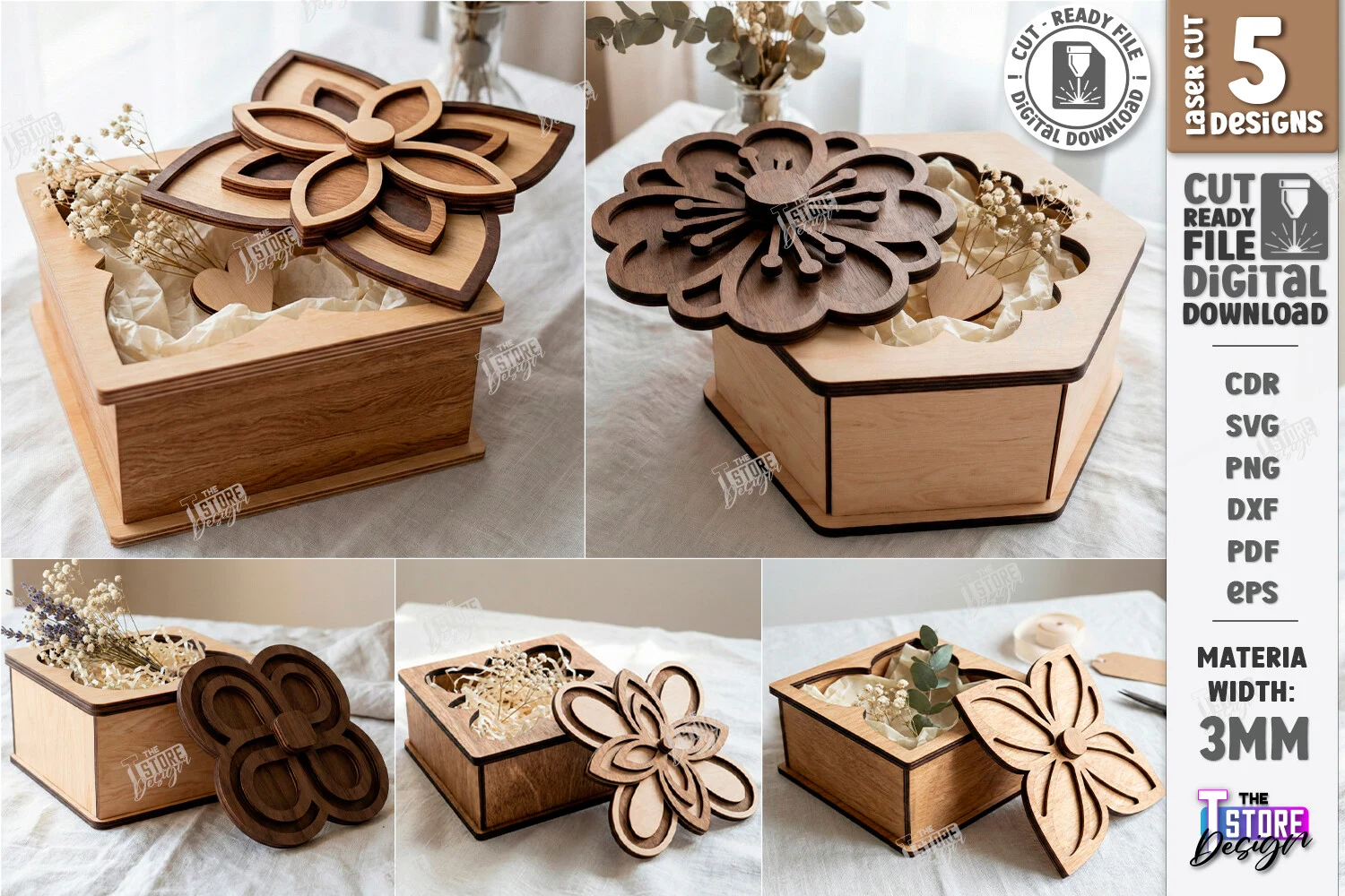Flower Gift Boxes Laser Cut Bundle | CNC featuring decorative wooden boxes and flower-shaped lids