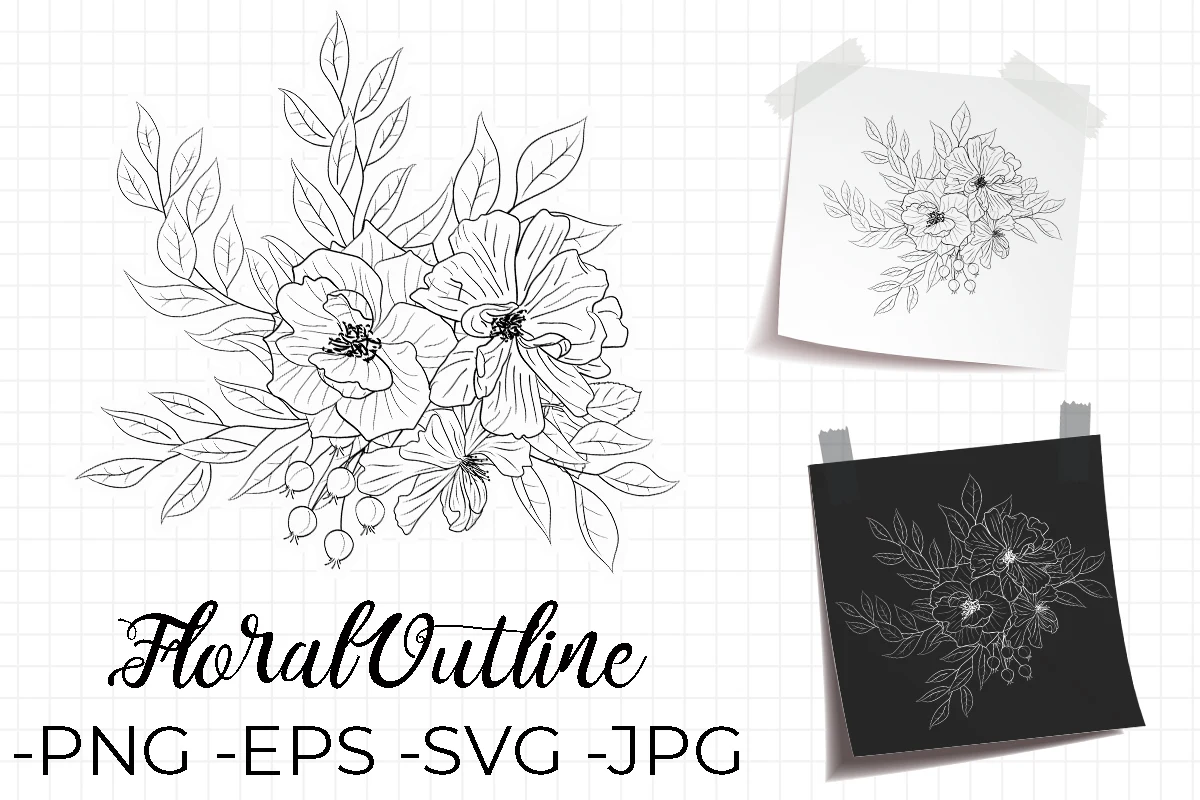 Flowers Line Art Bouquet Set featuring flowers and leaves