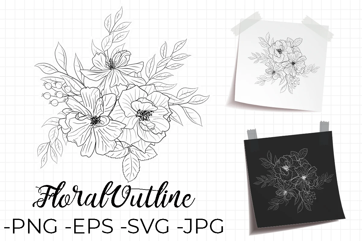 Flowers Line Art Bouquet Set featuring flowers and leaves