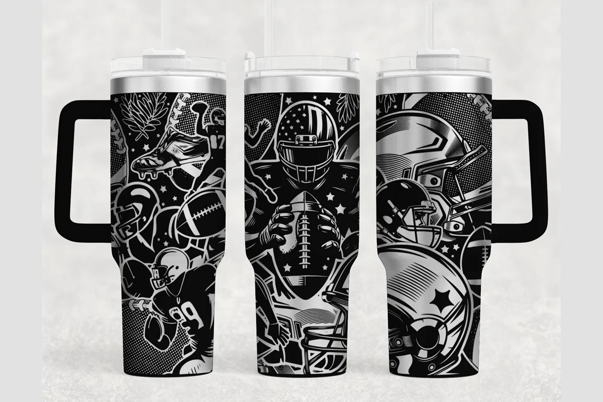 Football 40oz Laser Tumbler Wrap SVG preview showing sublimation design with composition
