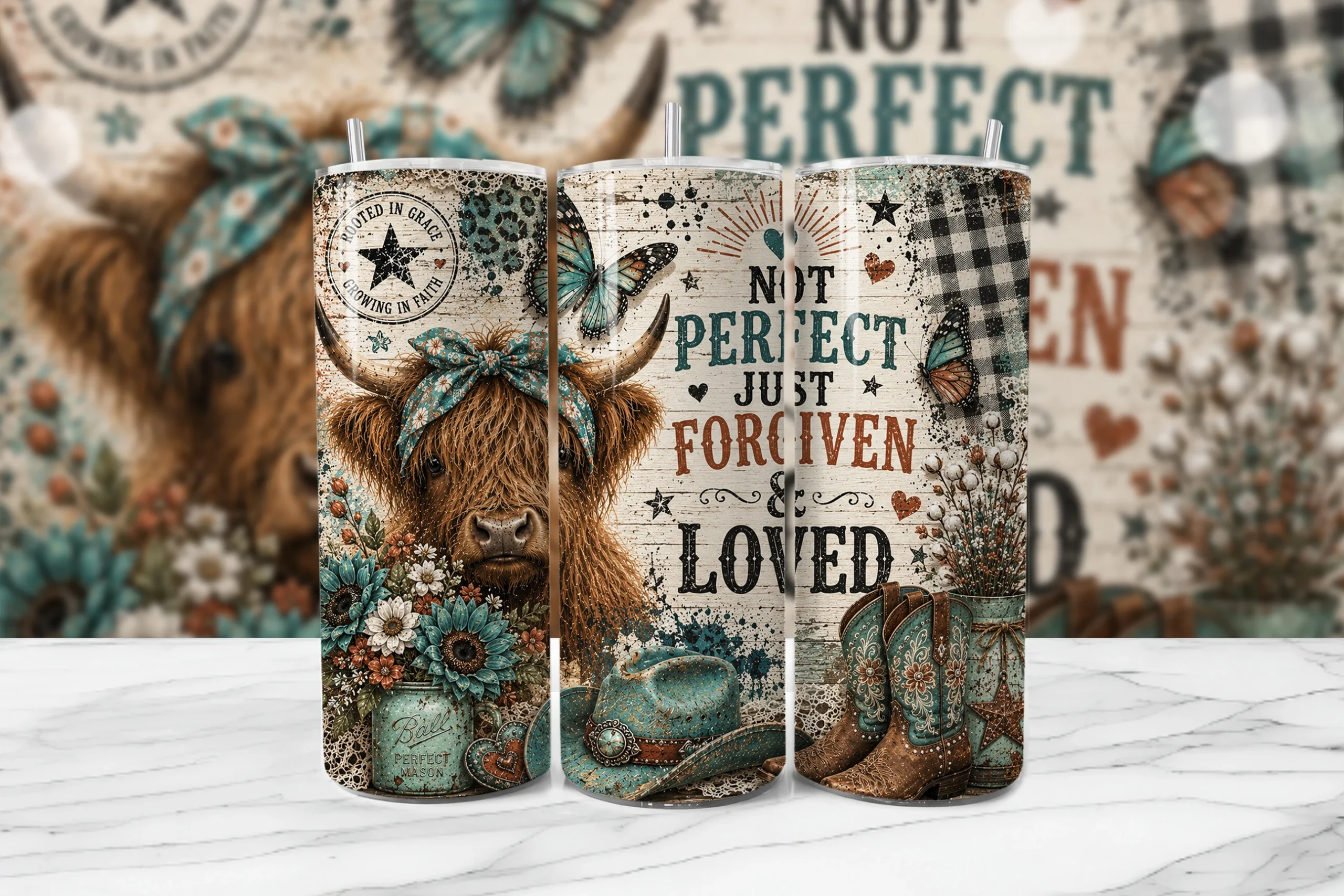 Forgiven Loved Highland Cow Tumbler Wrap featuring highland cow and cowboy hat