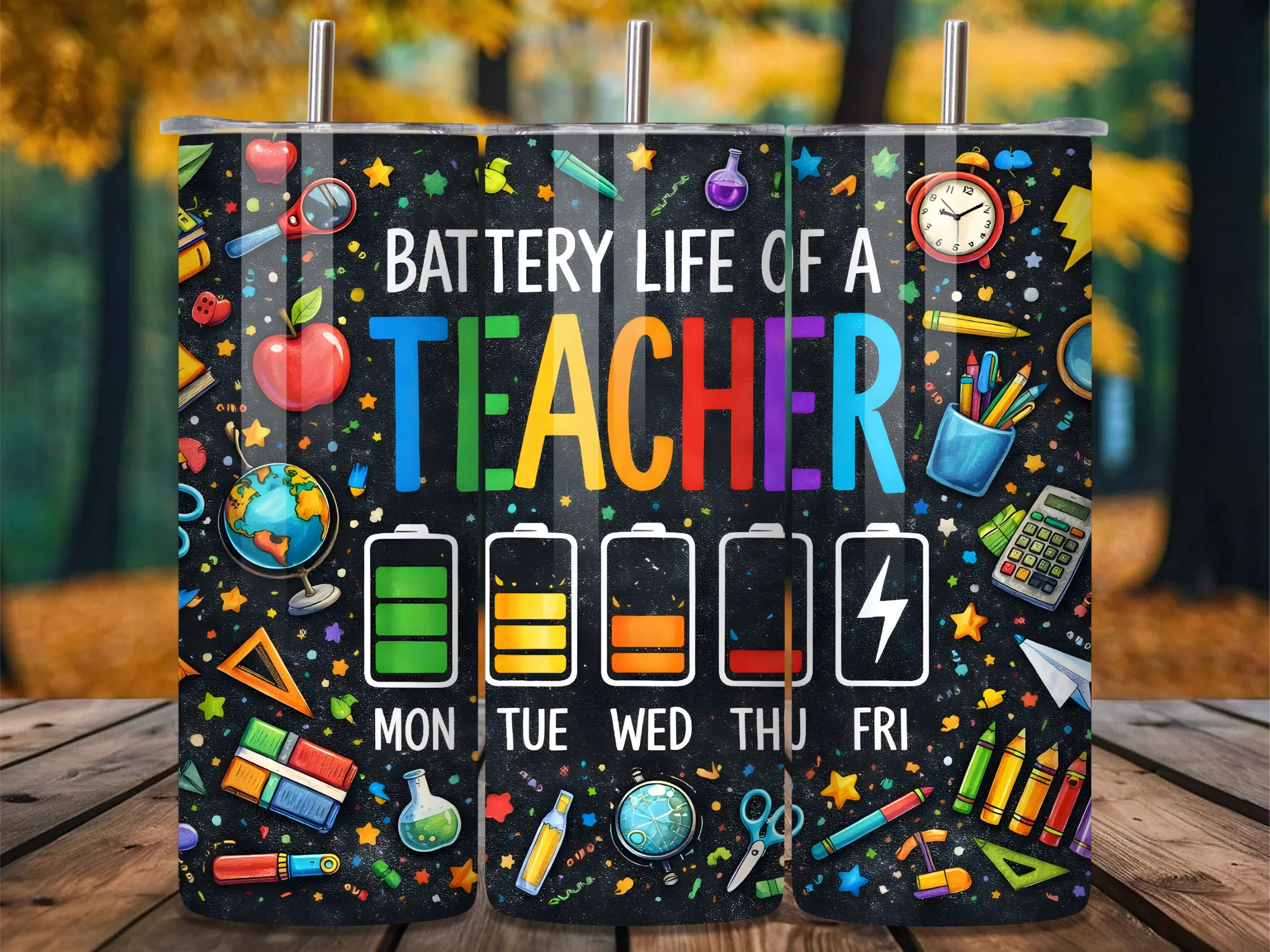 Funny Battery Life of a Teacher Tumbler featuring school supplies and teacher tools