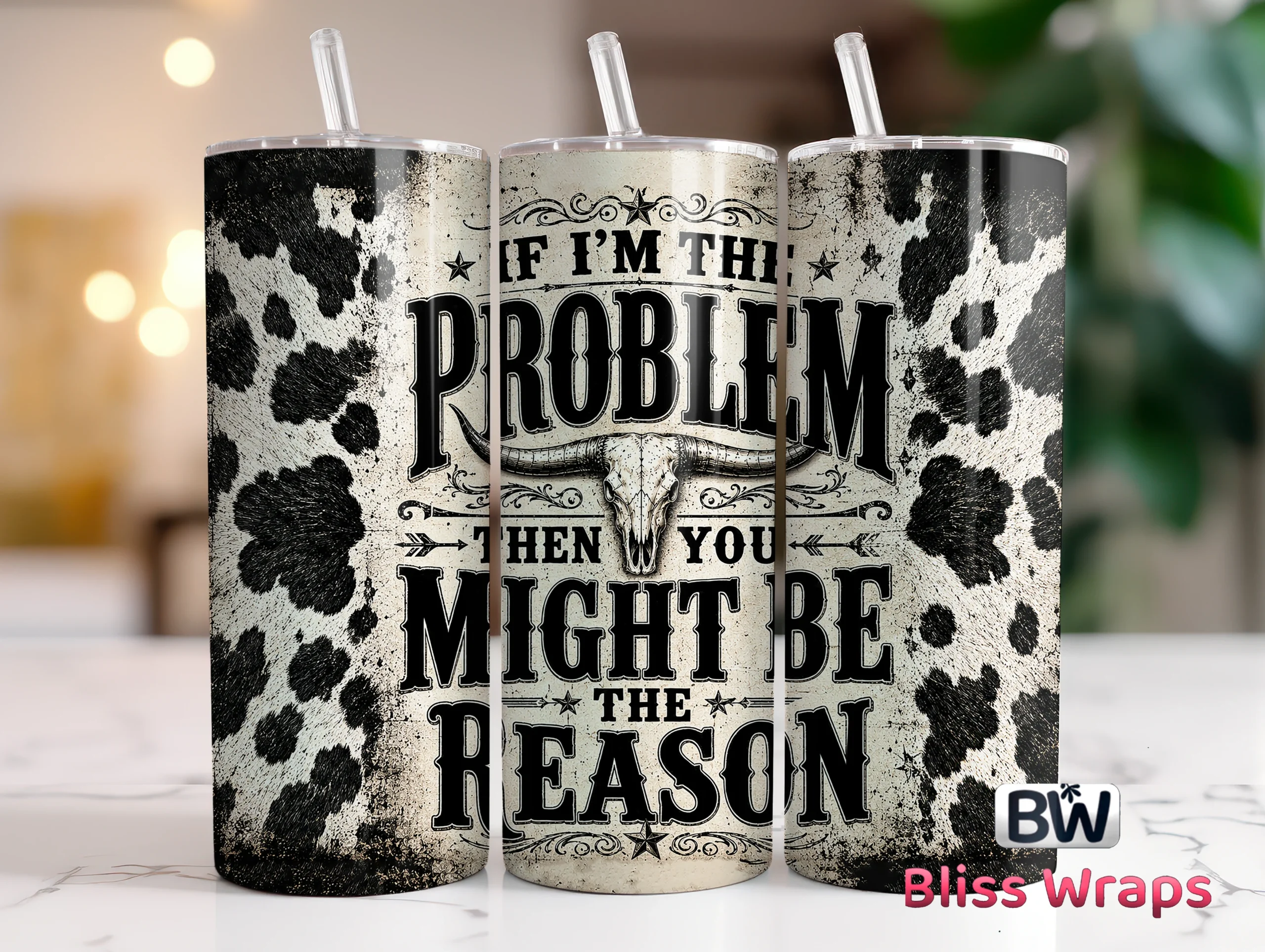 Funny Cow Print Tumbler Wrap PNG featuring cowhide pattern and steer skull