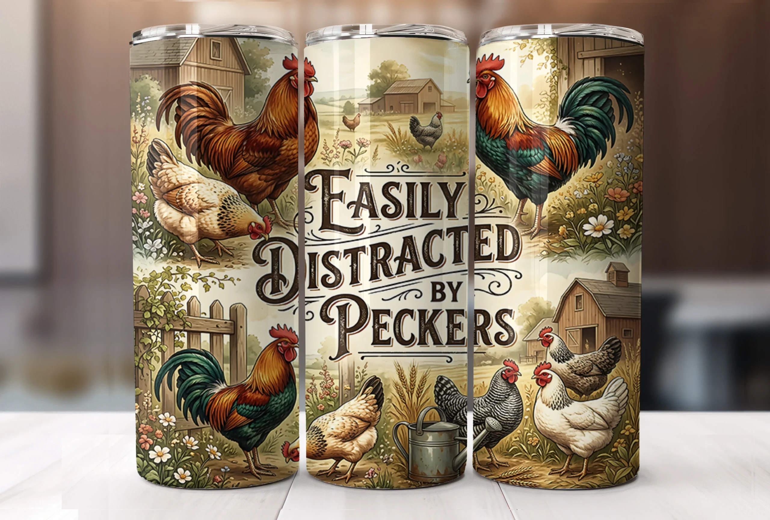 Funny Farm Chicken Skinny Tumbler Wrap featuring roosters and hens