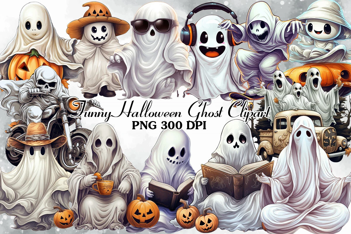 Funny Halloween Ghost Clipart Bundle featuring ghosts and pumpkins