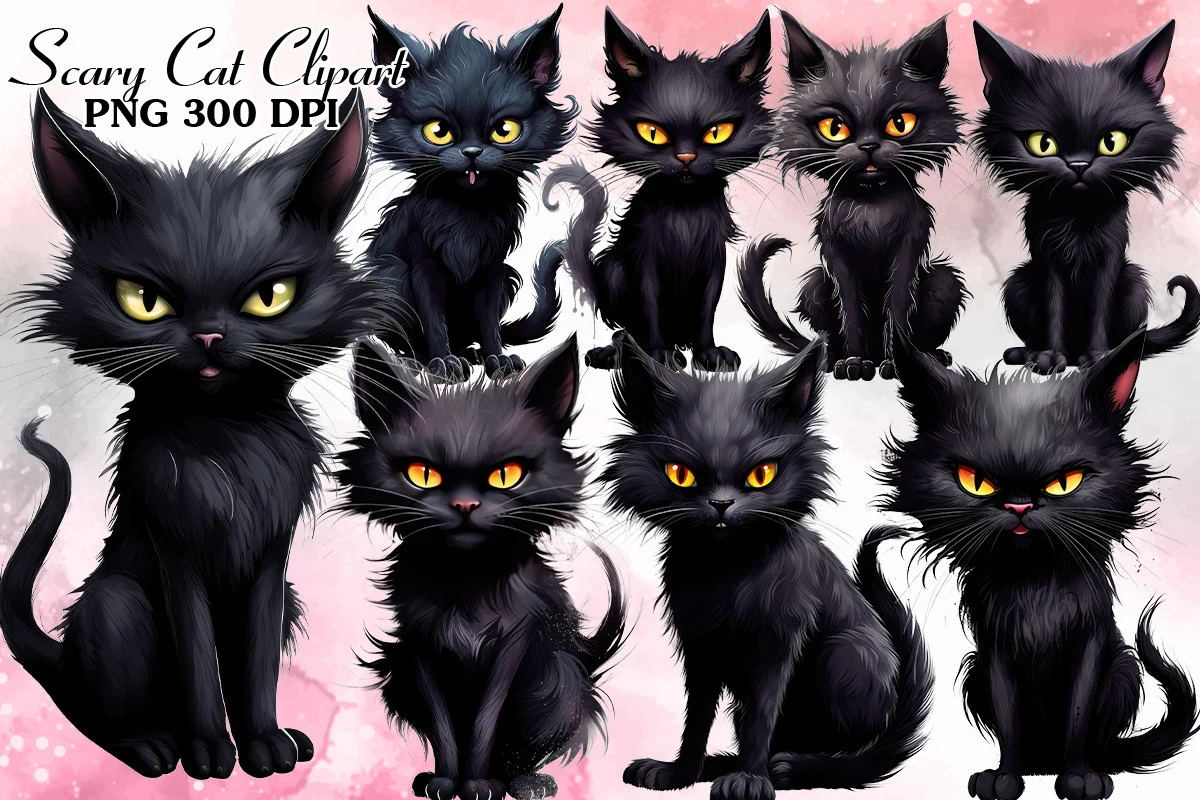 Funny Halloween Scary Cat Clipart Bundle preview showing cats with composition
