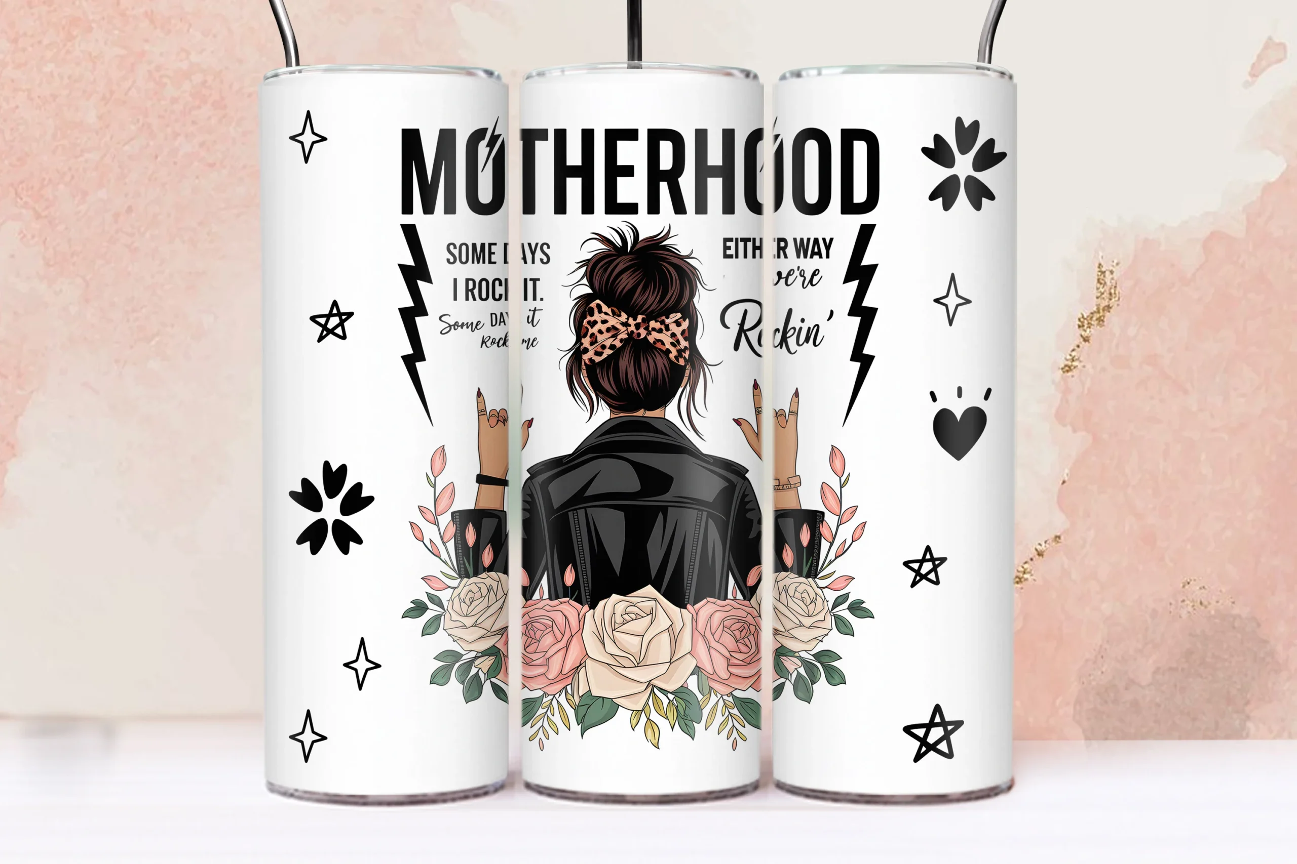 Funny Mothers Day Motherhood Mama Rock featuring woman with a messy bun and leopard print scrunchie