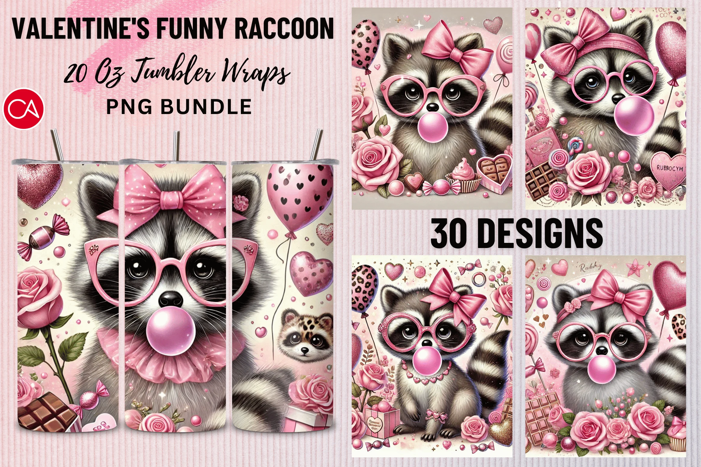 Funny Raccoon Valentine Tumbler Wraps featuring raccoon and pink bow