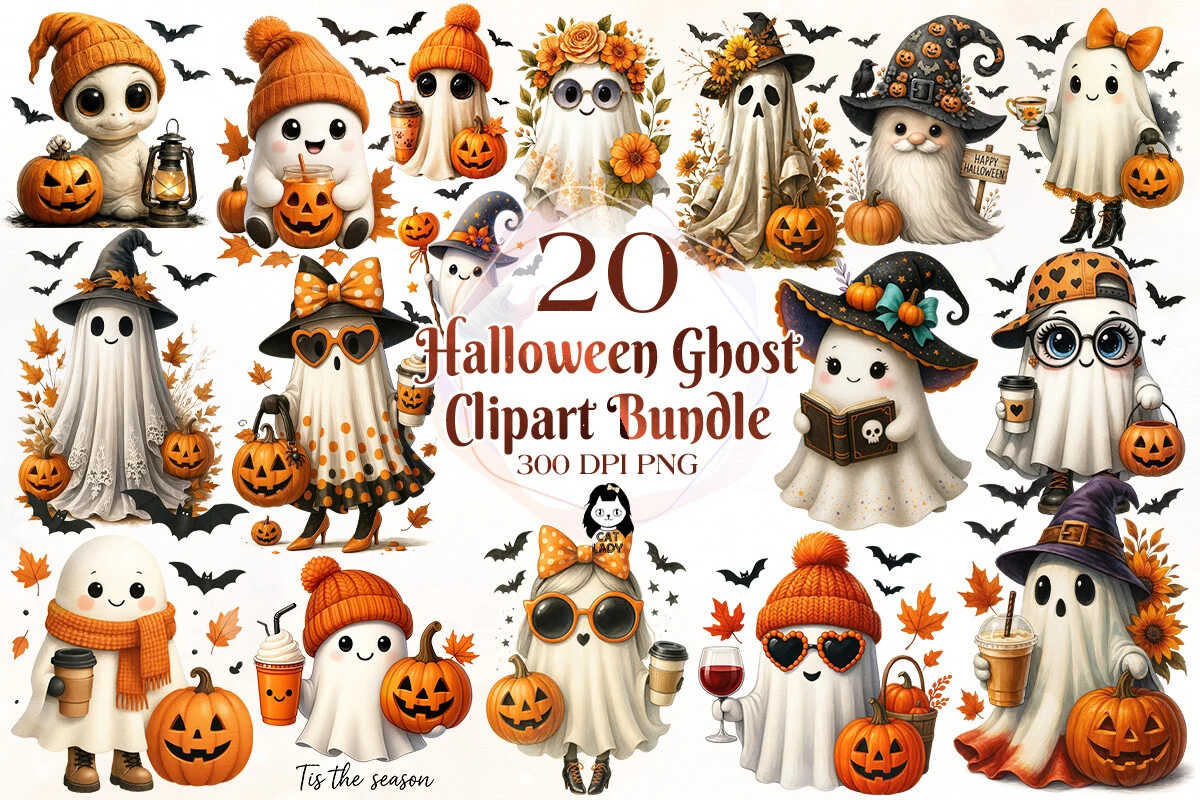 Funny Retro Halloween Ghost Clipart featuring ghosts and pumpkins