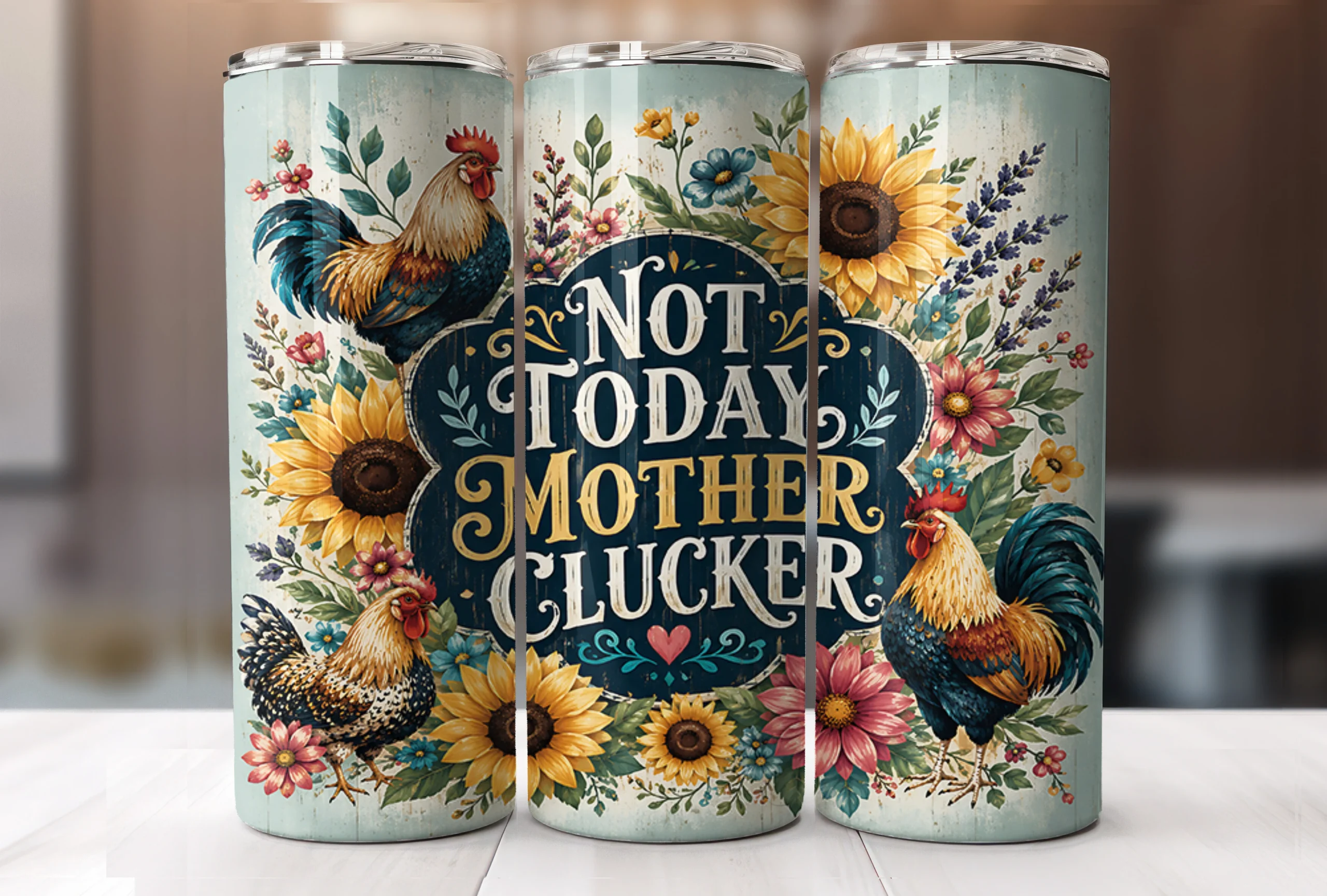 Funny Sarcastic Chicken Tumbler Wrap PNG featuring roosters and sunflowers