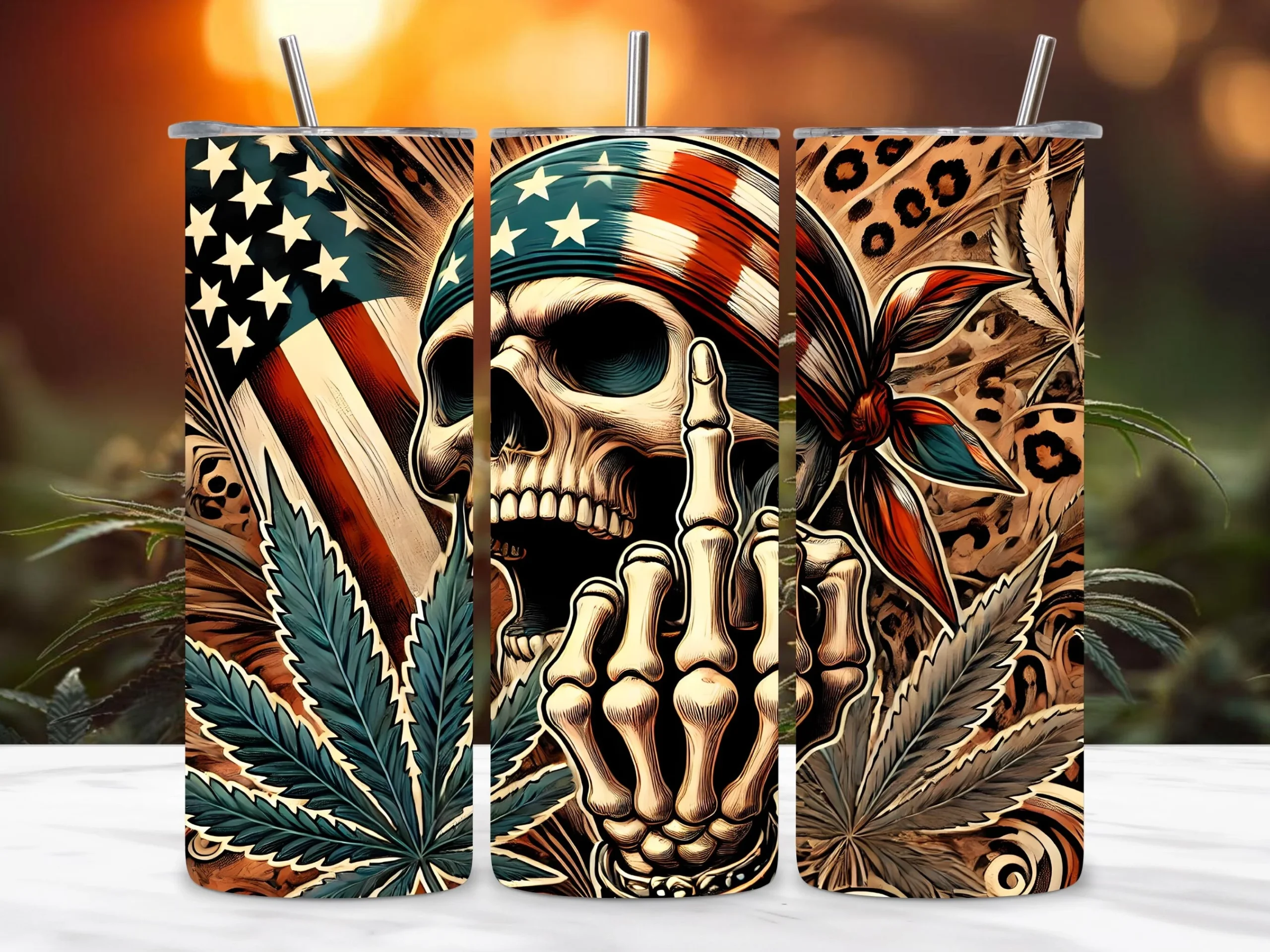 Funny Skull Weed Flag Tumbler Wrap PNG featuring skull and cannabis leaf
