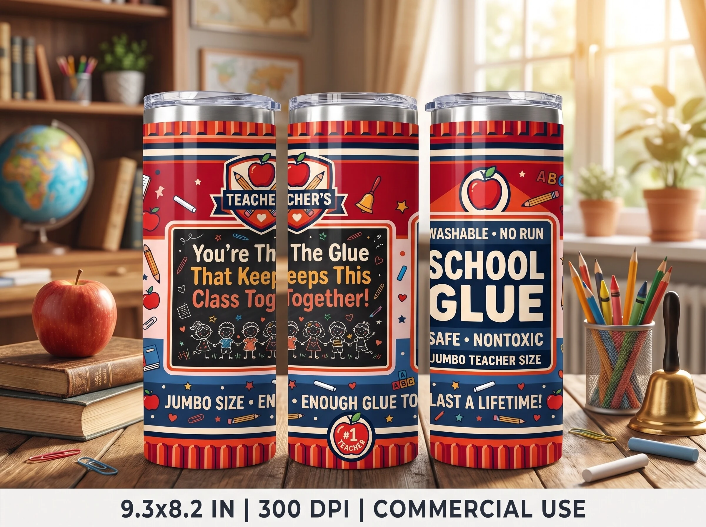 Funny Teacher Glue Tumbler Wrap PNG featuring school supplies and stick figure children
