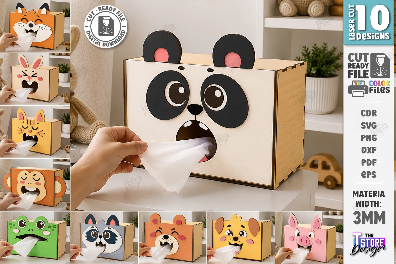 Funny Tissue Boxes Laser Cut Bundle preview showing animals with friendly character styling