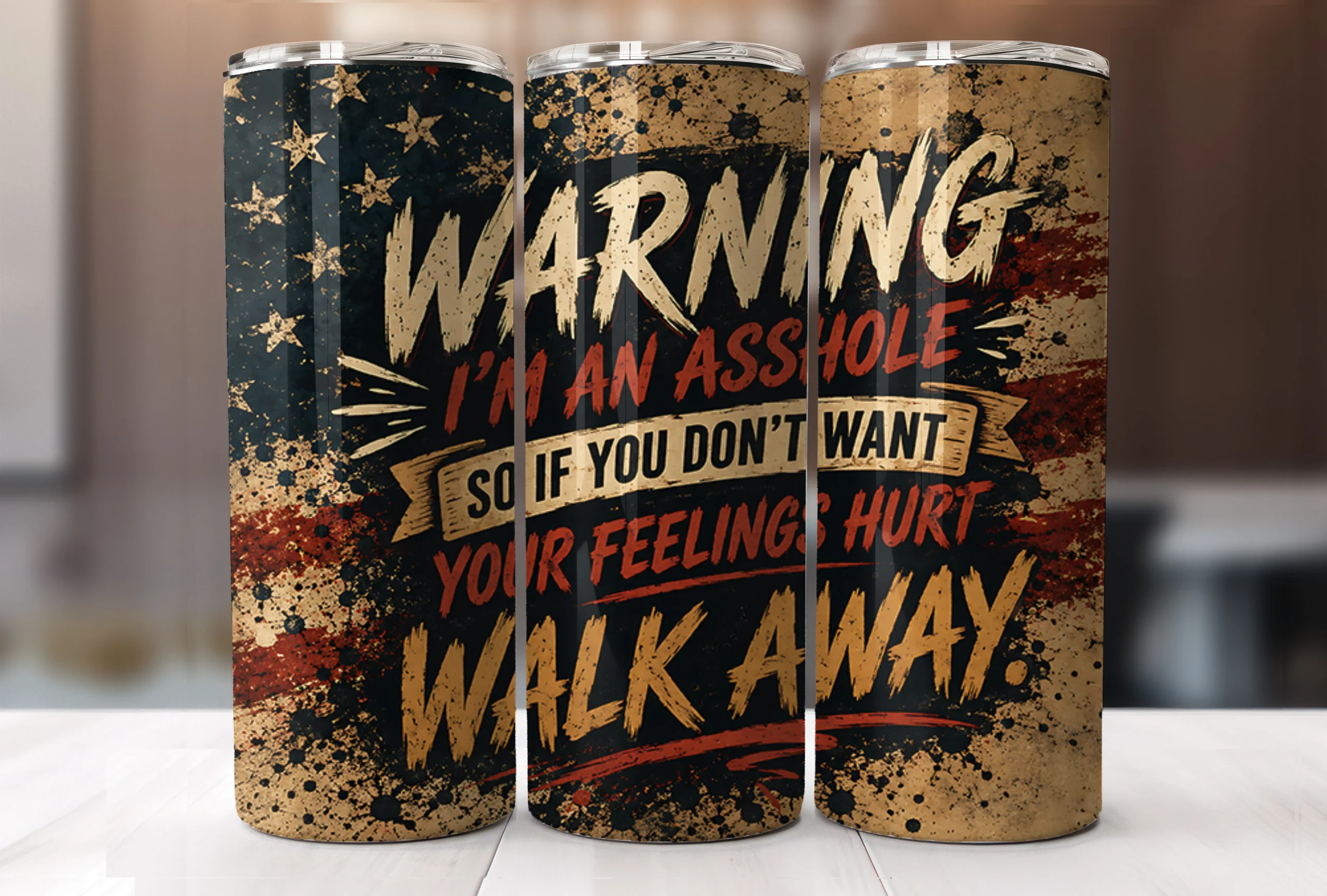 Funny Warning Quote 20oz Tumbler Wrap featuring American flag and grunge texture